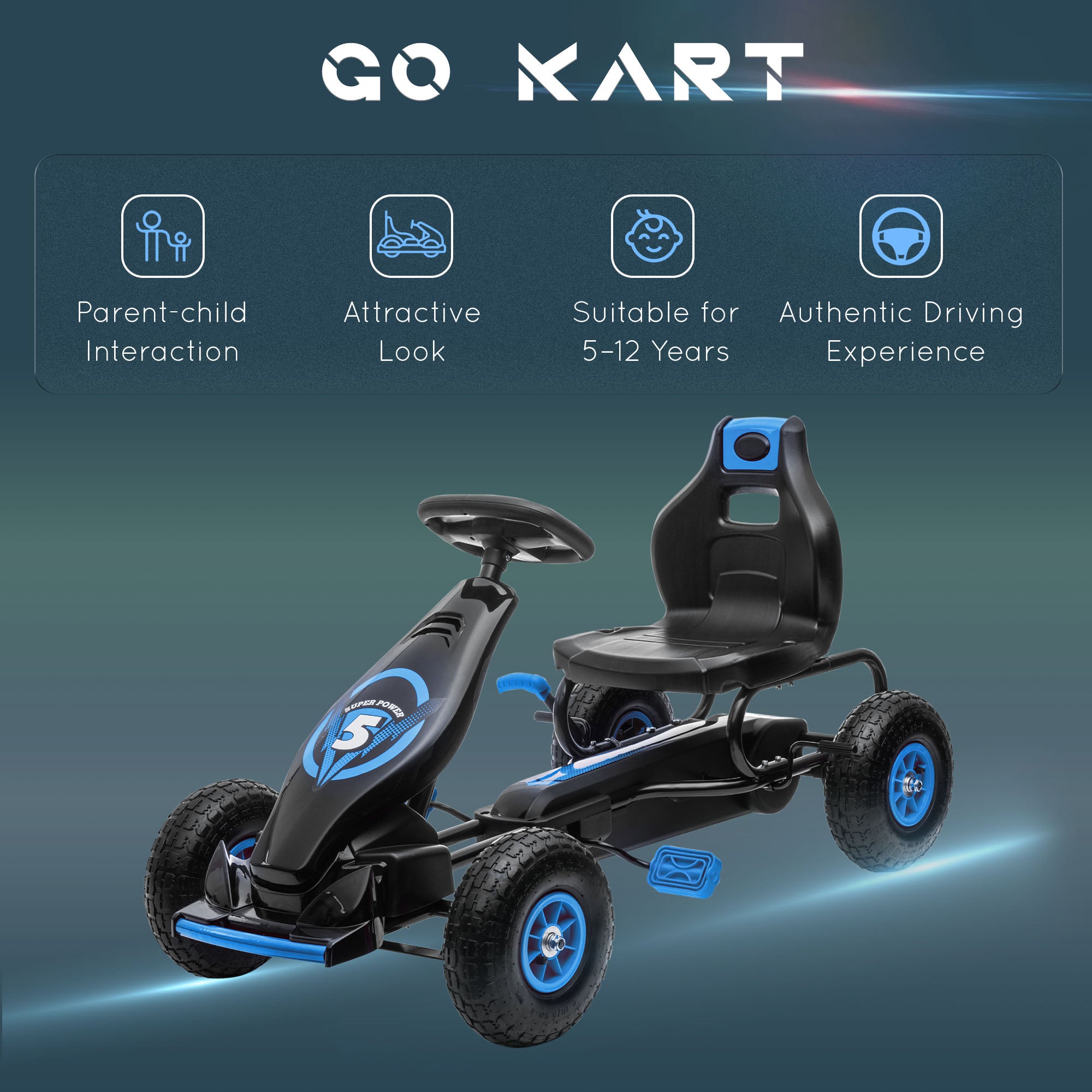 HOMCOM Kids Pedal Go Kart, with Adjustable Seat, Inflatable Tyres - Blue - North Peak Garden Furniture