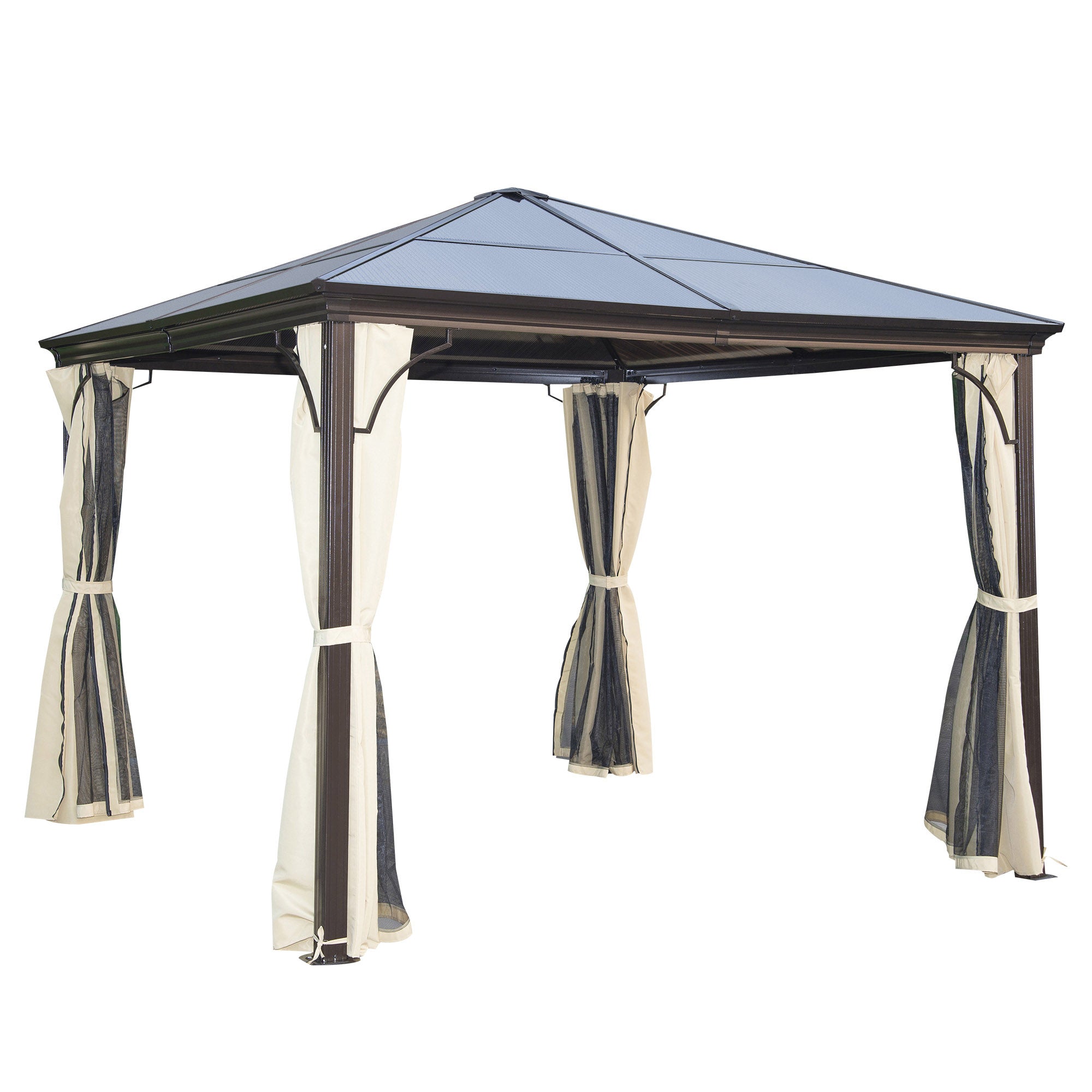 Outsunny 3 x 3(m) Hardtop Gazebo Canopy with Polycarbonate Roof and Aluminium Frame, Garden Pavilion with Mosquito Netting and Curtains, Brown