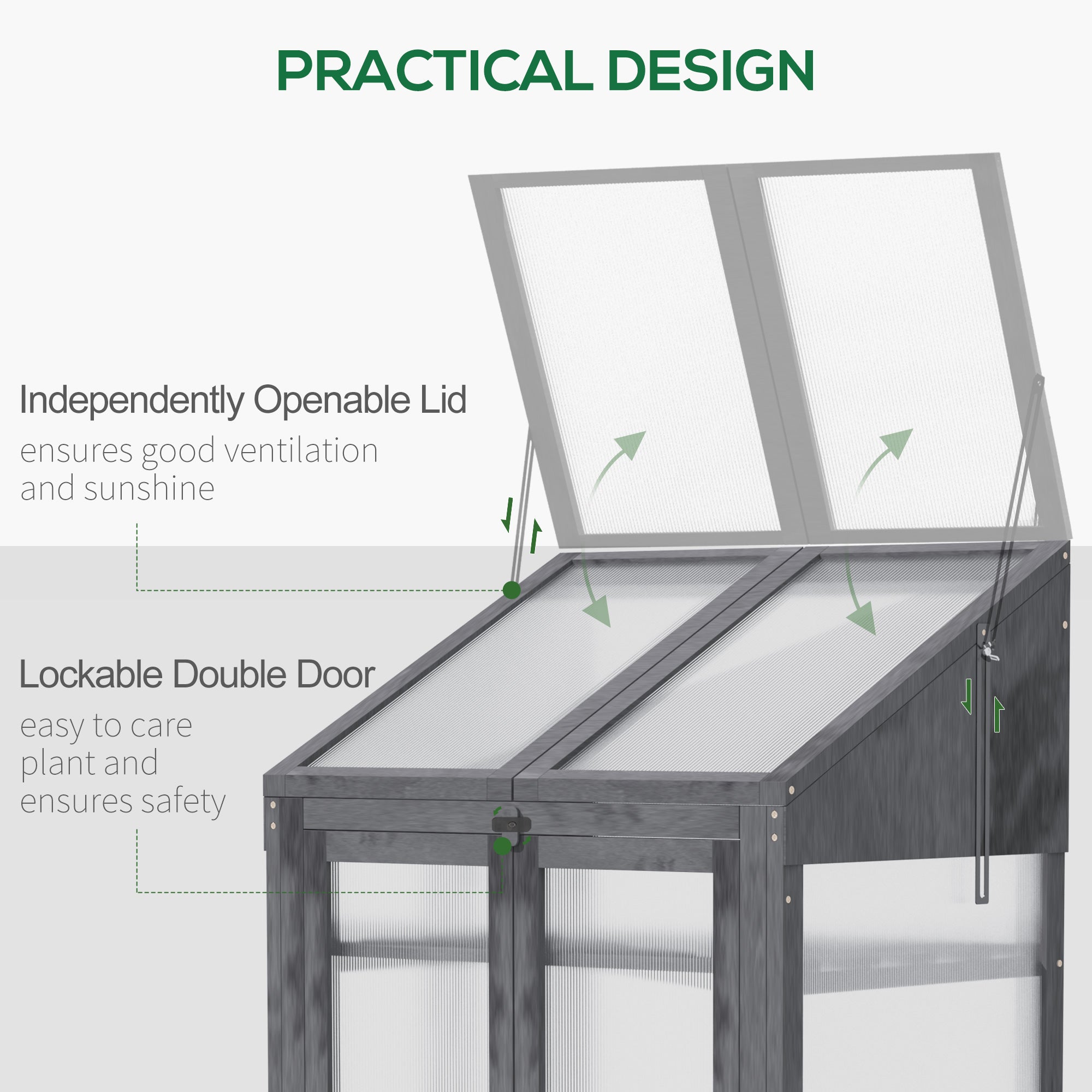 Outsunny Wooden Cold Frame Polycarbonate Greenhouse with Openable Top Cover and Double Door, Grow House for Flower, Vegetable and Plants, 70 x 50 x 120cm, Grey - North Peak Garden Furniture