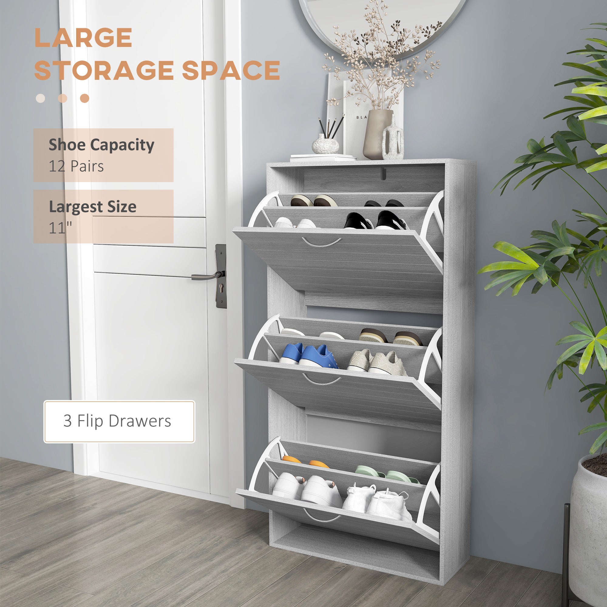 HOMCOM Shoe Storage Cabinet with 3 Flip Drawers, Narrow and Slim, 12 Pair of Shoes Organizer for Hallway, Entryway - North Peak Garden Furniture