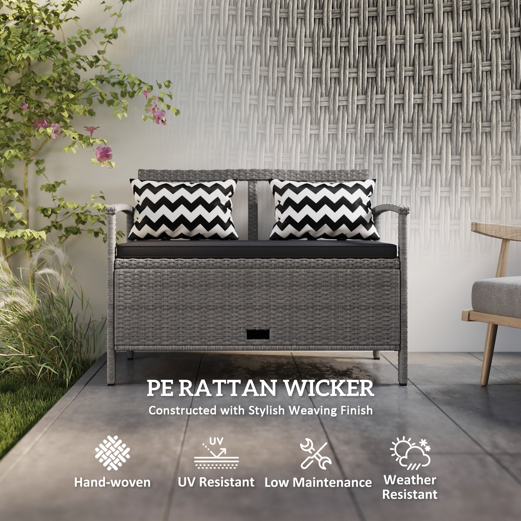 Outsunny 160L Storage Two-Seater Rattan Bench - Grey - North Peak Garden Furniture
