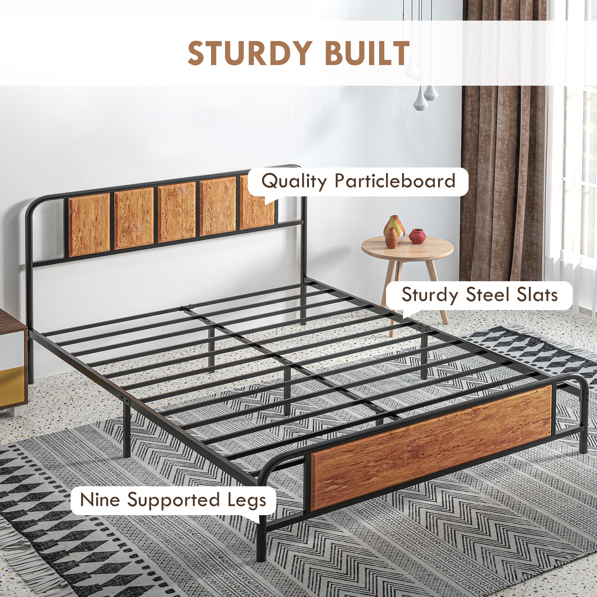 HOMCOM 5.2ft King Bed Frame with Industrial Wood Headboard, Steel Slat Support and 31cm Underbed Storage Space, 160 x 207cm, Rustic Brown - North Peak Garden Furniture