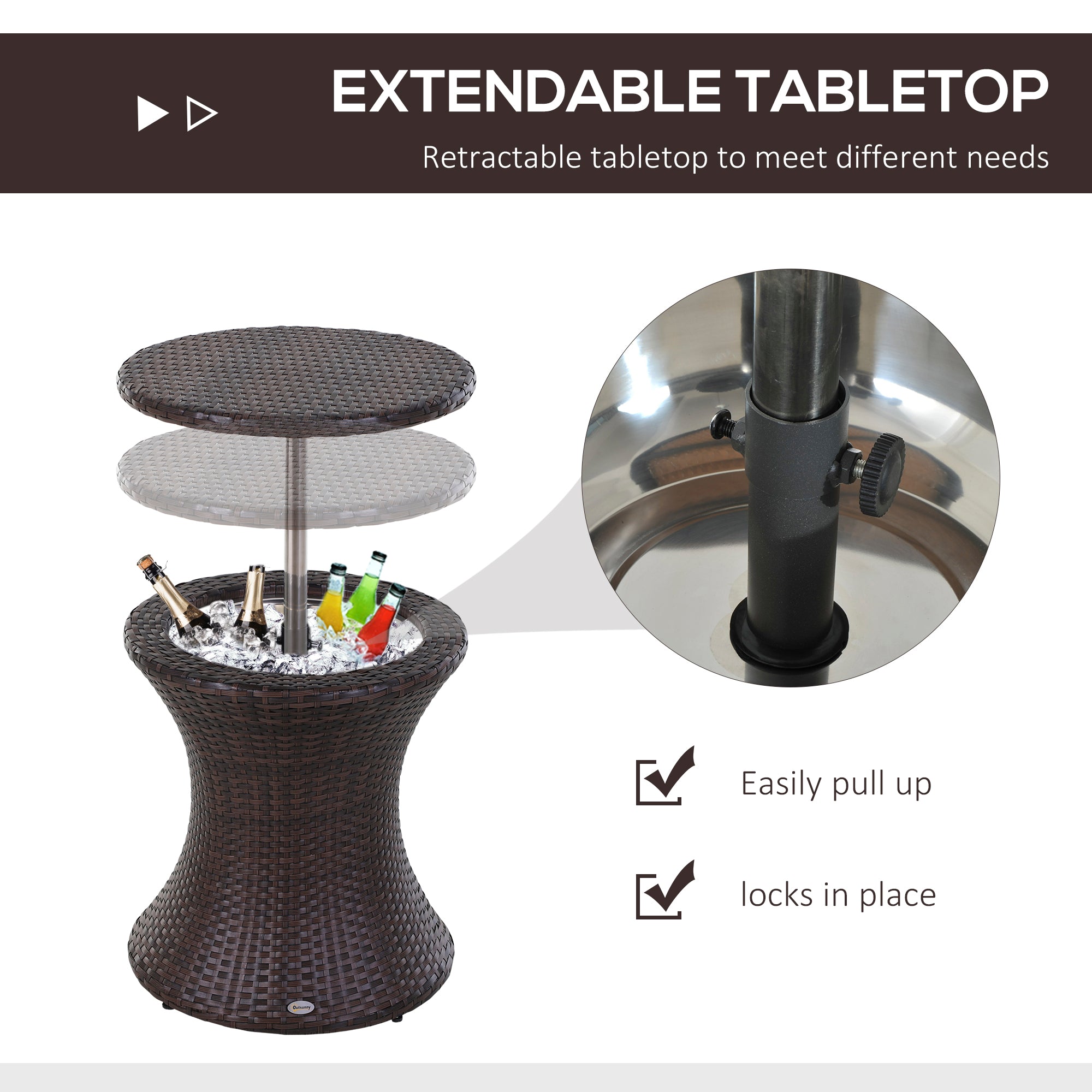 Outsunny PE Rattan Ice Bucket Table, Outdoor Round Liftable Beer Cooler, Cocktail Tables for Bar, Patio, Deck, Pool, Brown - North Peak Garden Furniture