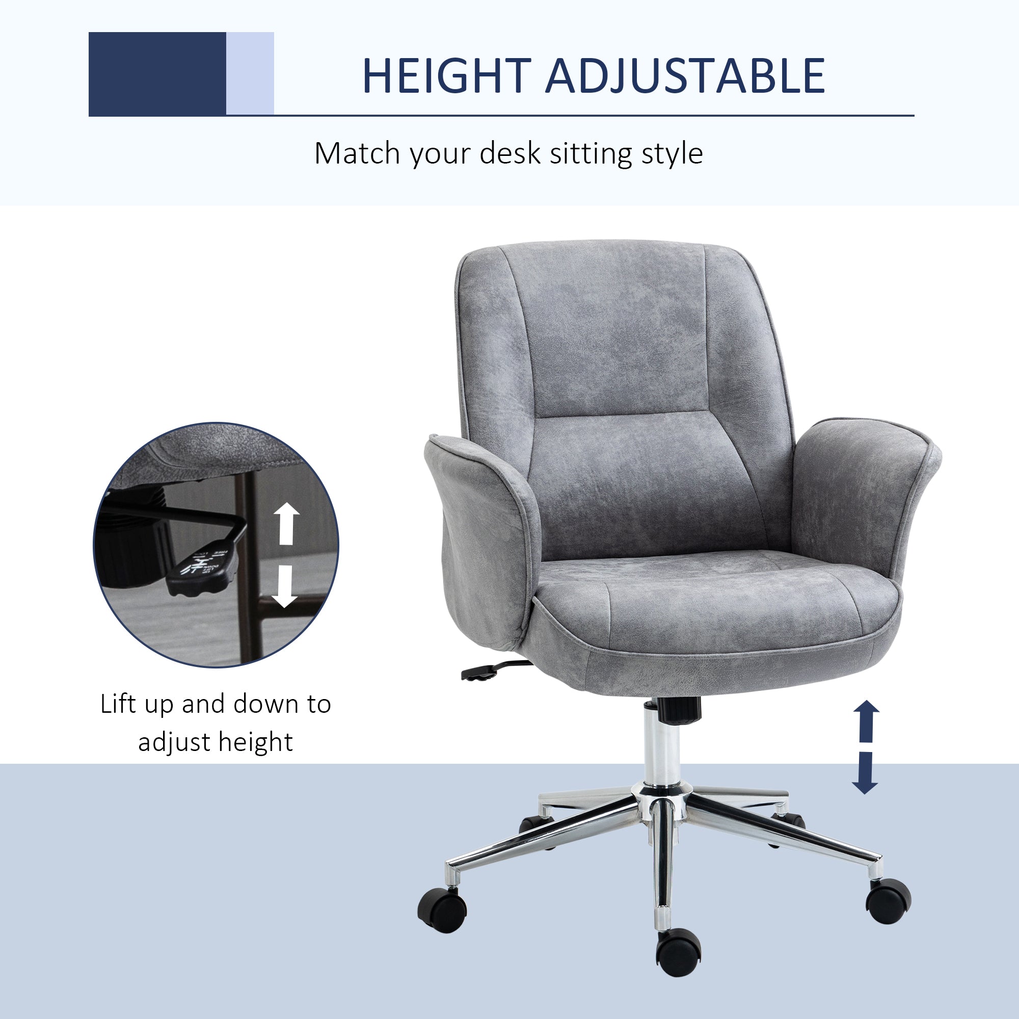 Vinsetto Swivel Computer Office Chair Mid Back Desk Chair for Home Study Bedroom, Light Grey - North Peak Garden Furniture