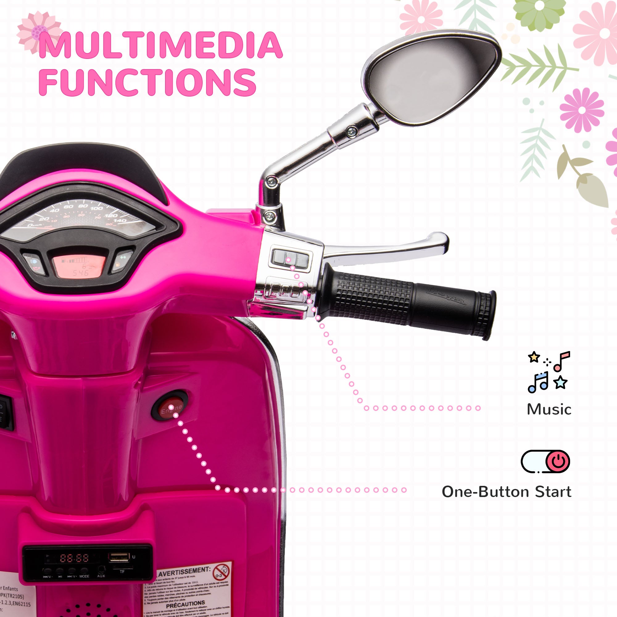 AIYAPLAY 12V Vespa Licensed Kids Electric Motorbike w/ Music, Headlights, FM Radio, for 3-6 Years - Pink - North Peak Garden Furniture