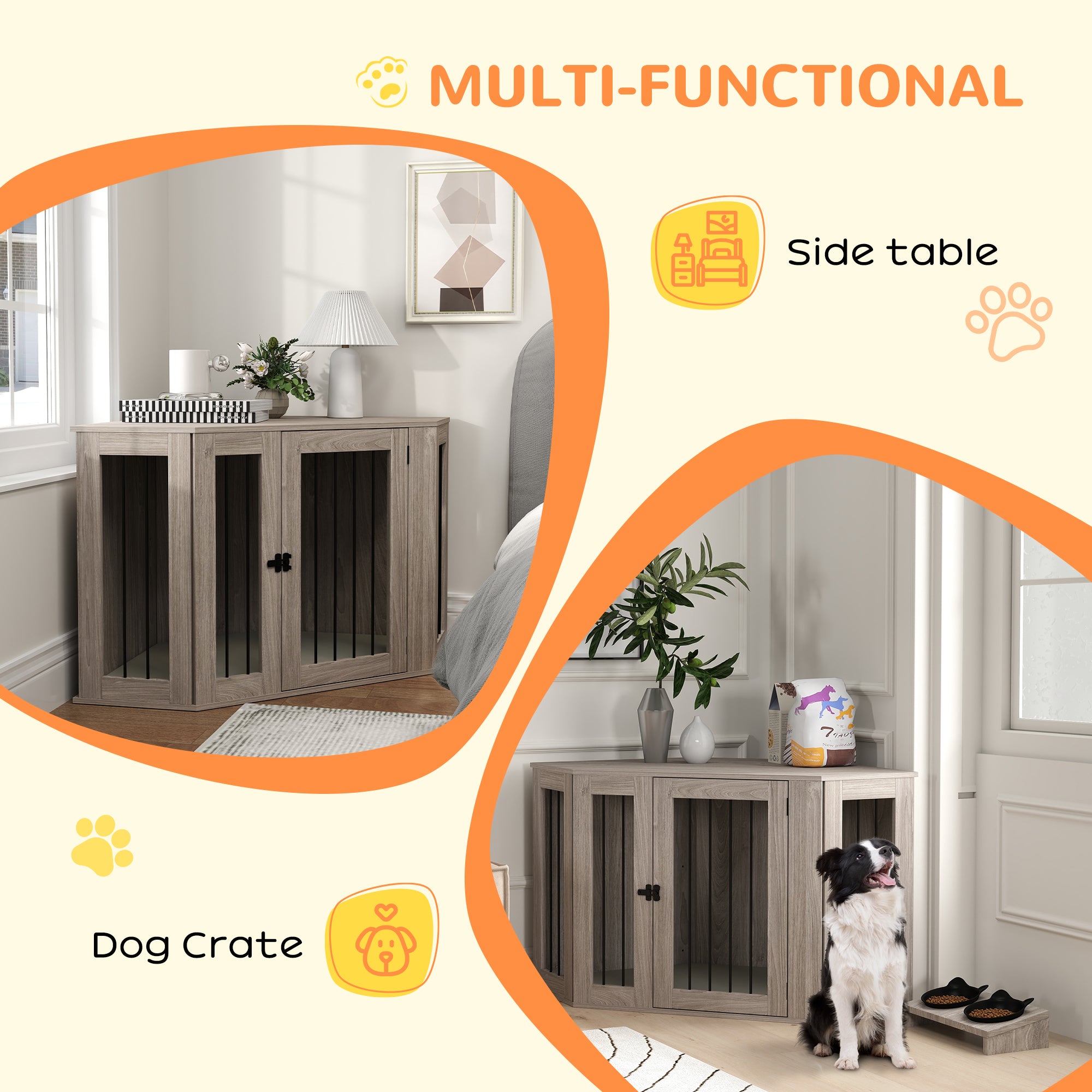 PawHut 2 in 1 Dog Crate Furniture Side Table, with Cushion, 122 x 61 x 71cm - Walnut Brown - North Peak Garden Furniture