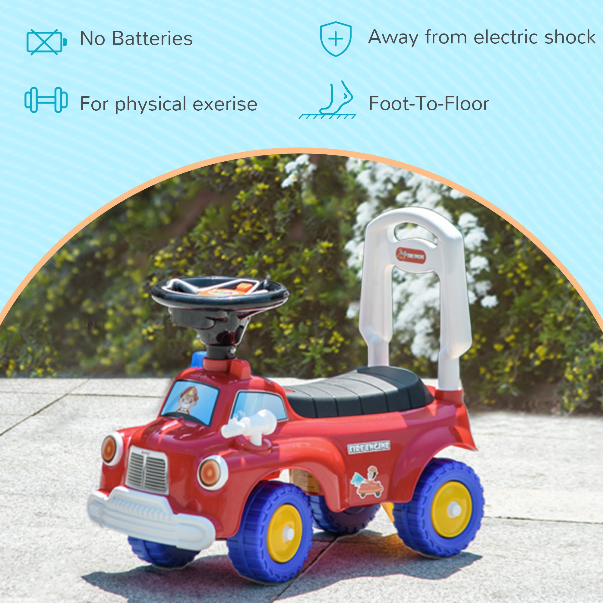 AIYAPLAY Ride On Fire Truck Foot to Floor Design with Under Seat Storage, Steering Wheel, Music, Light, for 1.5-3 Years, Red - North Peak Garden Furniture