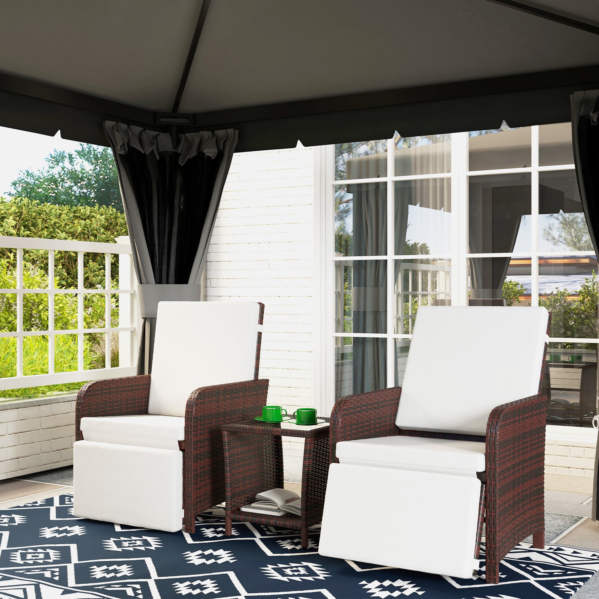 Outsunny 3 Pieces Rattan Bistro Set Balcony Furniture with Cushions, Storage Function - Cream White