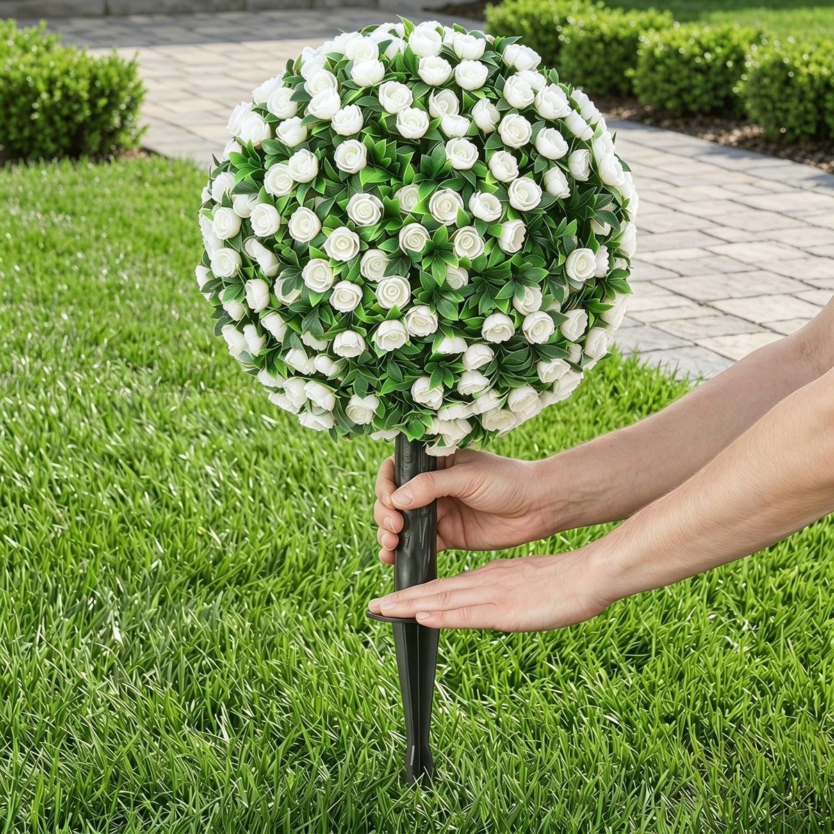 HOMCOM Artificial Rose Topiary UV Resistant, 2-Pack Fake Plants, 55 cm, White