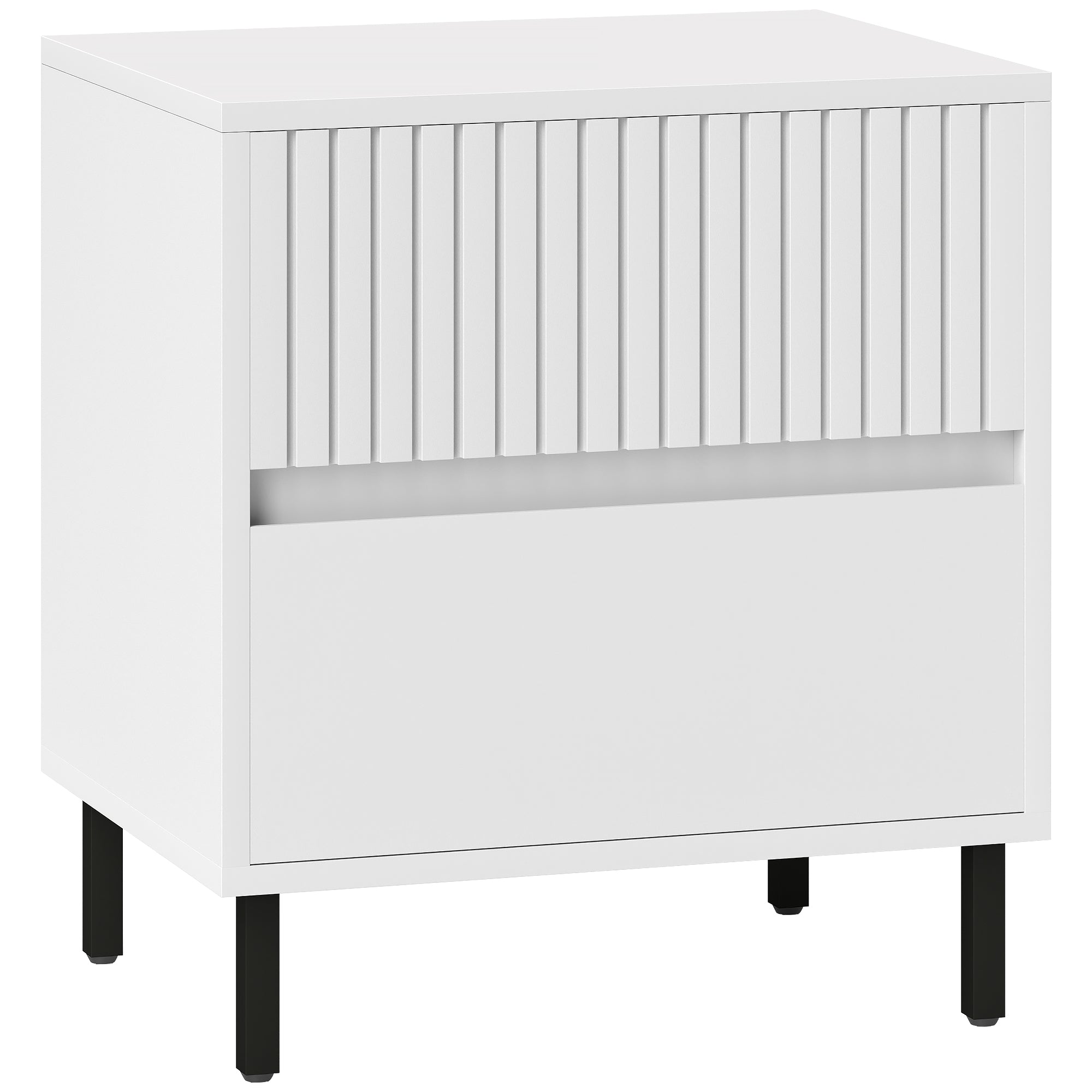HOMCOM Simple Line Indented Two-Drawer Bedside Table - White - North Peak Garden Furniture