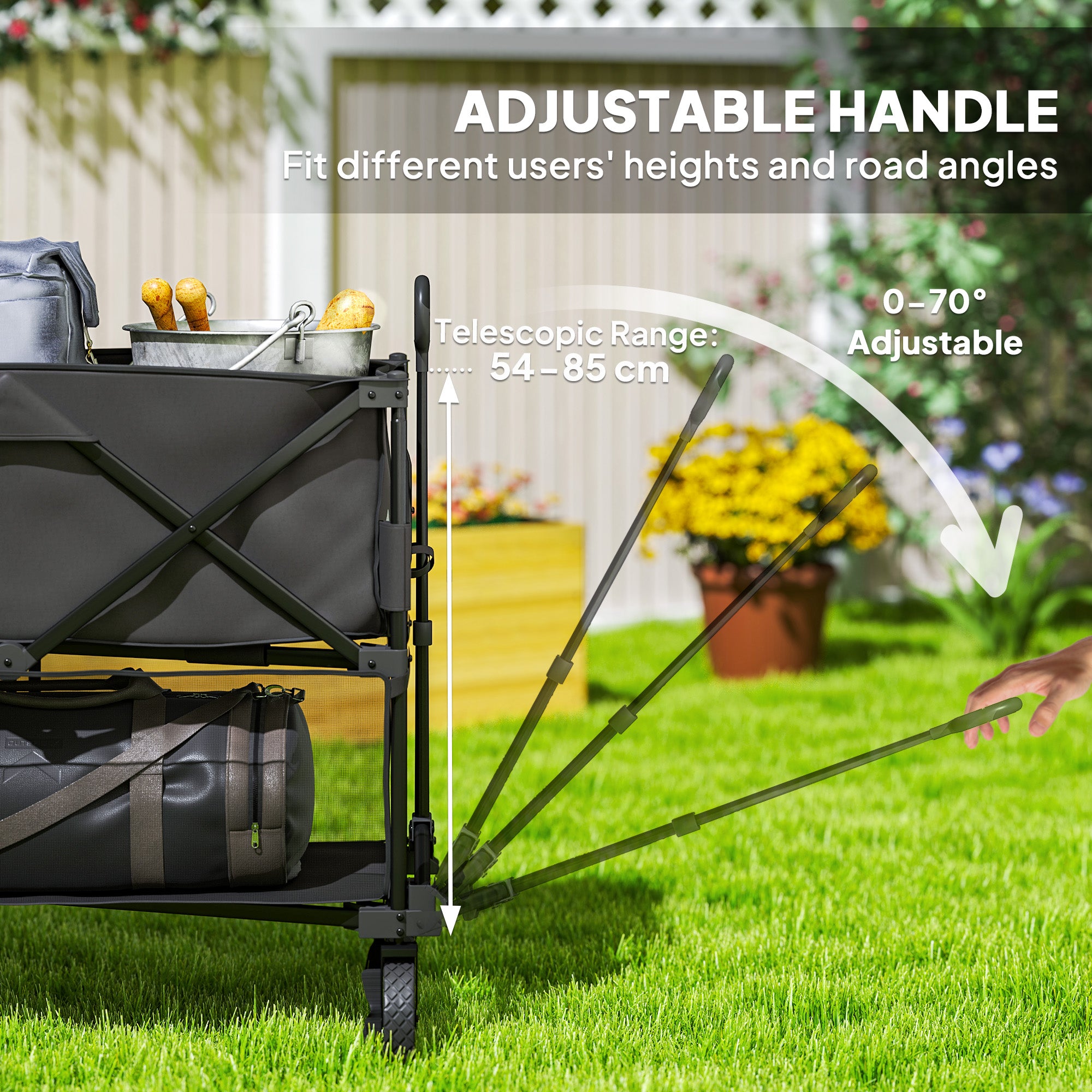 Outsunny Double Decker Folding Trolley on Wheels, 200KG & 350L Capacity Collapsible Wagon Festival Trolley Cart with 134cm Extended for Camping Sports Shopping Garden and Beach, Black - North Peak Garden Furniture