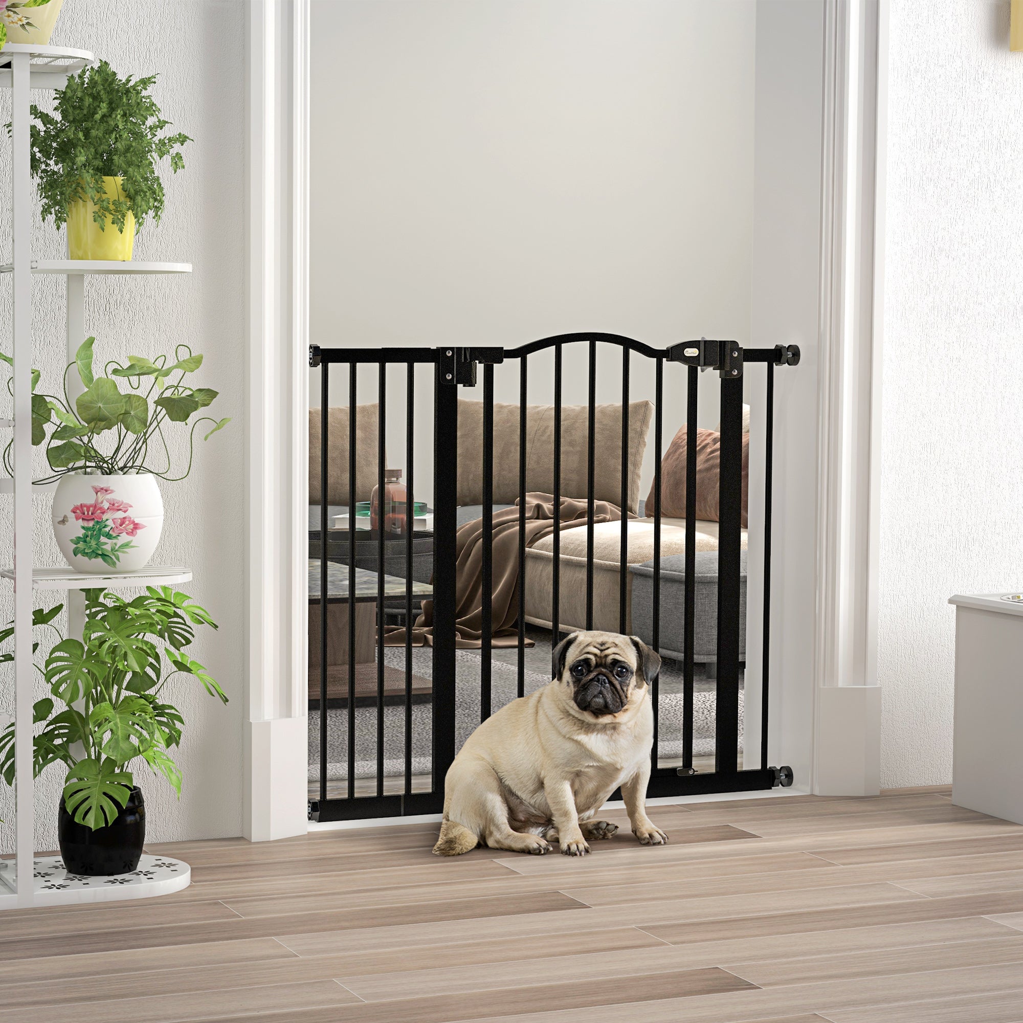 PawHut Metal 74-94cm Adjustable Pet Gate Safety Barrier w/ Auto-Close Door Black - North Peak Garden Furniture