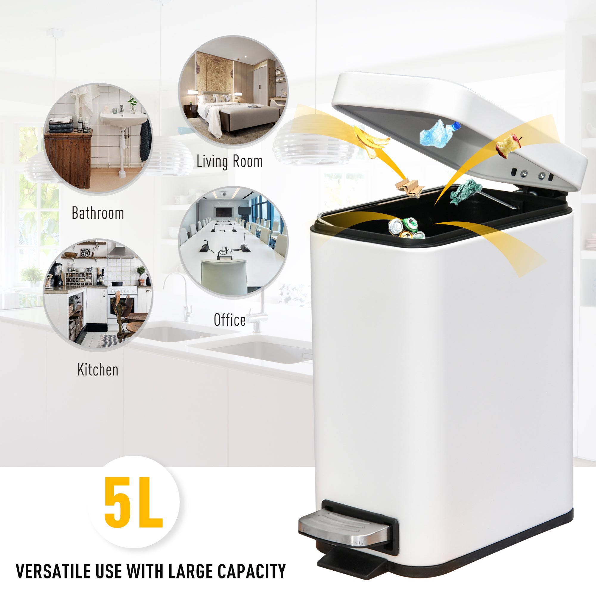 HOMCOM 5L Rectangular Compact Bin Steel Body Removable Bucket Quiet-Close Lid w/ Pedal Lid Rubbish Trash Can Home Office Bedroom Bathroom Living Room Garbage Tidy Clean White