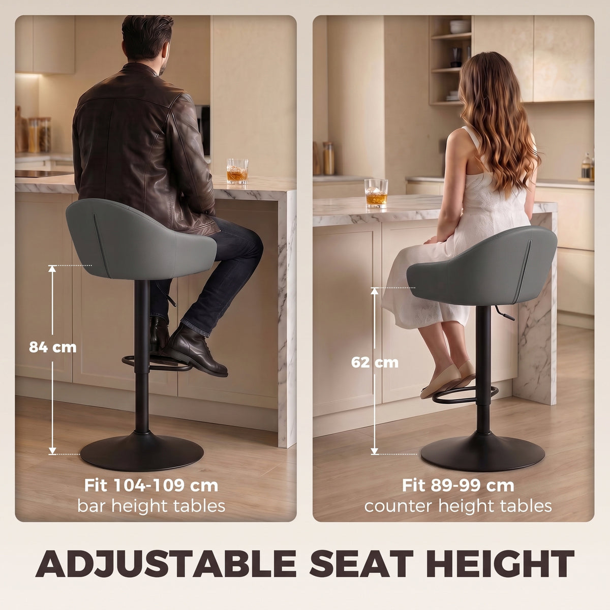 HOMCOM Bar Stools Adjustable Heights Breakfast Bar Stools Backrest Armrests Set of 2 with Rubber Ring Metal Base, Grey