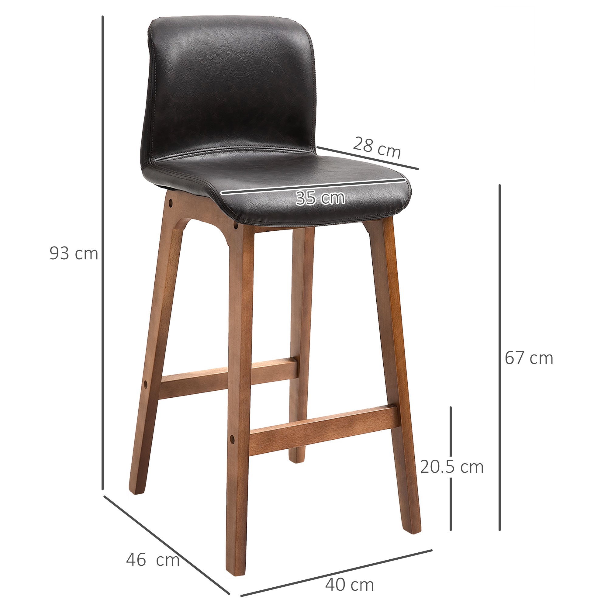 HOMCOM Modern Bar Stools Set of 2, PU Leather Upholstered Bar Chairs with Wooden Frame, Footrest for Home Bar, Dining Room