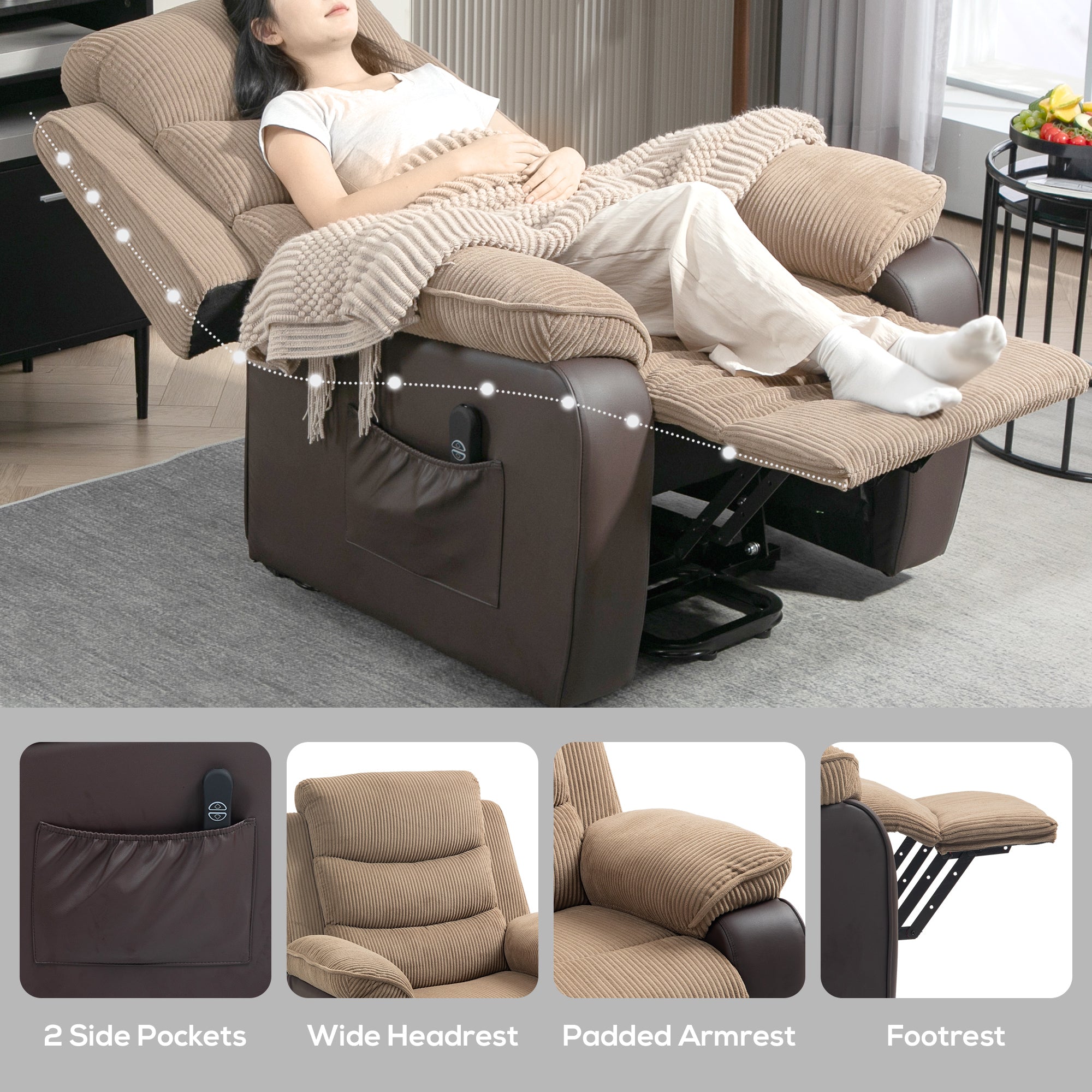 HOMCOM Power Lift Recliner Chair for Elderly, Patchwork Design Oversized Electric Riser and Recliner Armchair for Living Room with Remote Control and 2 Side Pockets, Brown - North Peak Garden Furniture