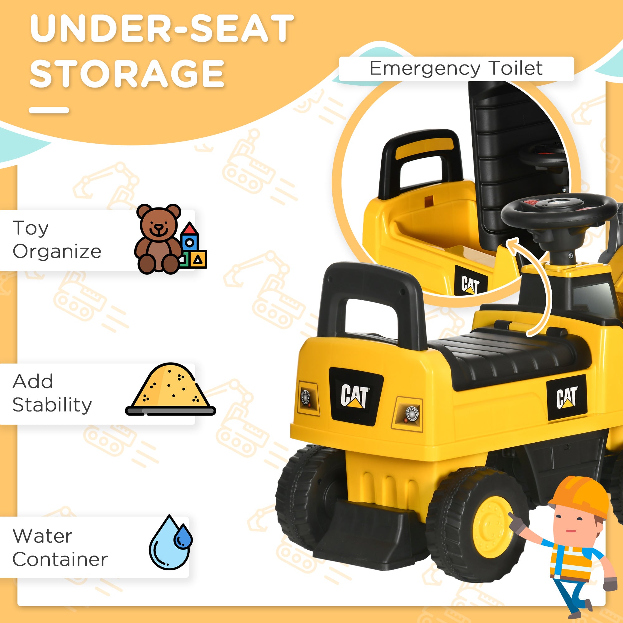 HOMCOM CAT Licensed Kids Construction Ride-On Toddler Digger Excavator Foot-To-Floor Ride-On Toy w/ Manual Shovel, Horn, Hidden Storage, for Ages 1.5-3 Years - North Peak Garden Furniture