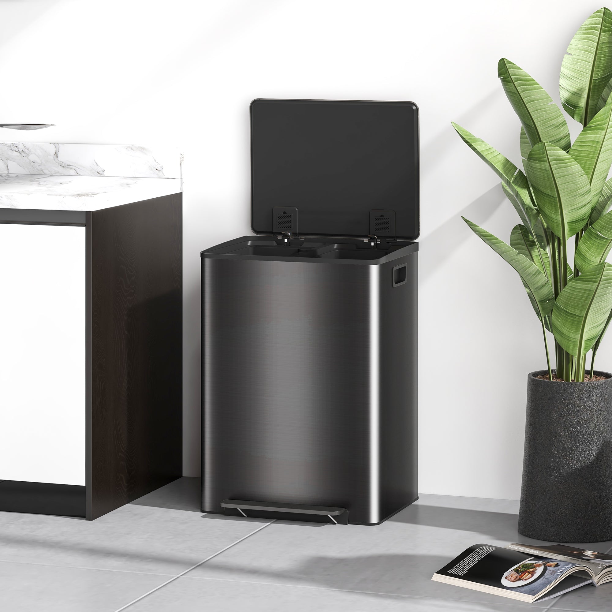 HOMCOM 60L Dual Compartment Stainless Steel Bin, with Deodoriser Holders - Black - North Peak Garden Furniture