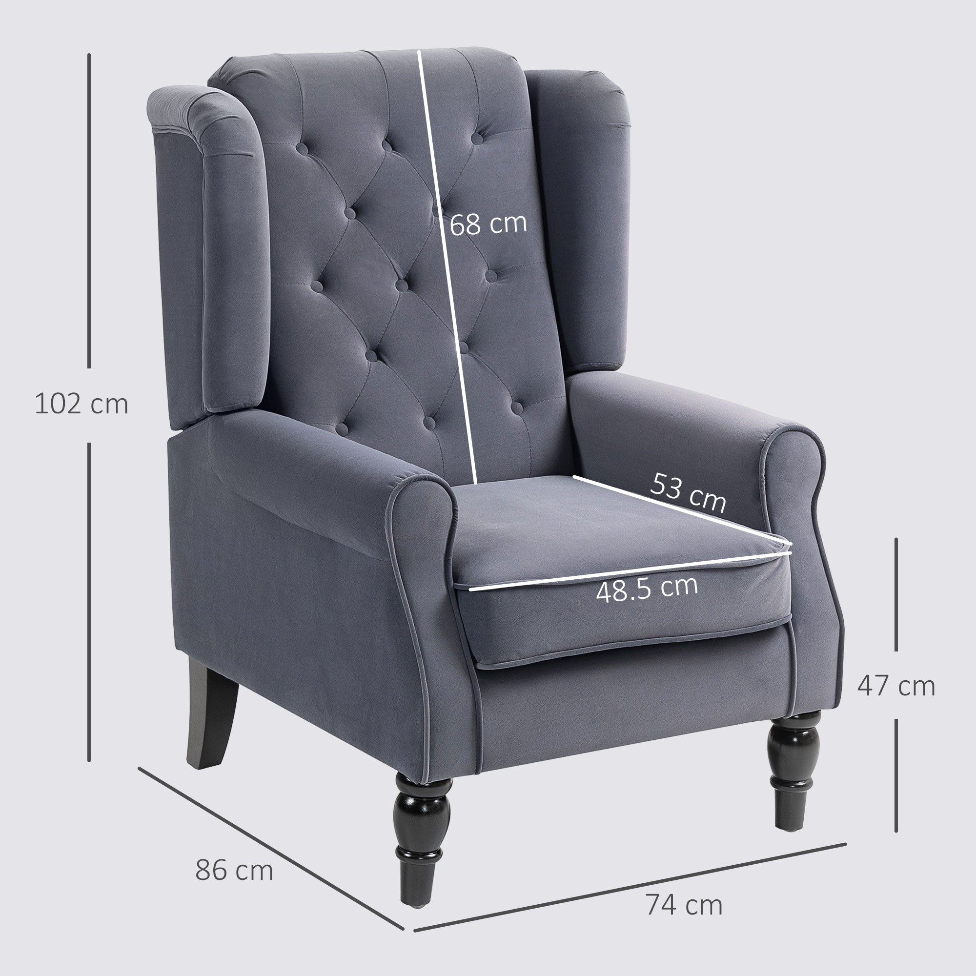 HOMCOM Wingback Accent Chair, Retro Upholstered Button Tufted Occasional Chair for Living Room and Bedroom, Charcoal Grey - North Peak Garden Furniture