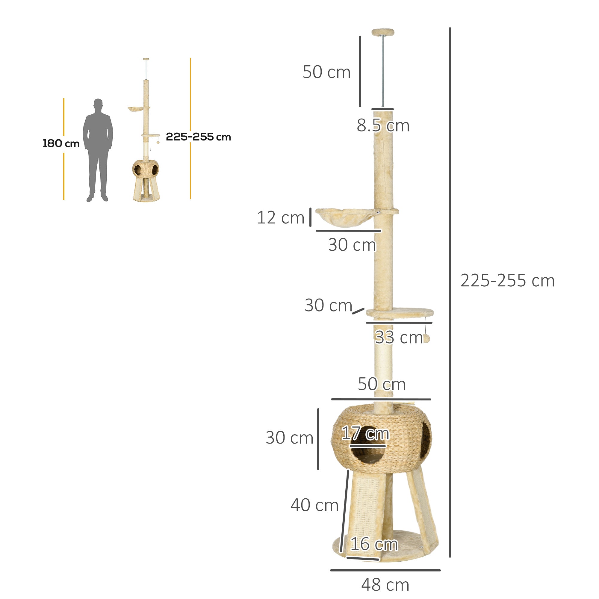 PawHut 255cm Cat Tree Tower for Indoor Cats, with Scratching Post, Cat House, Platform - Beige - North Peak Garden Furniture
