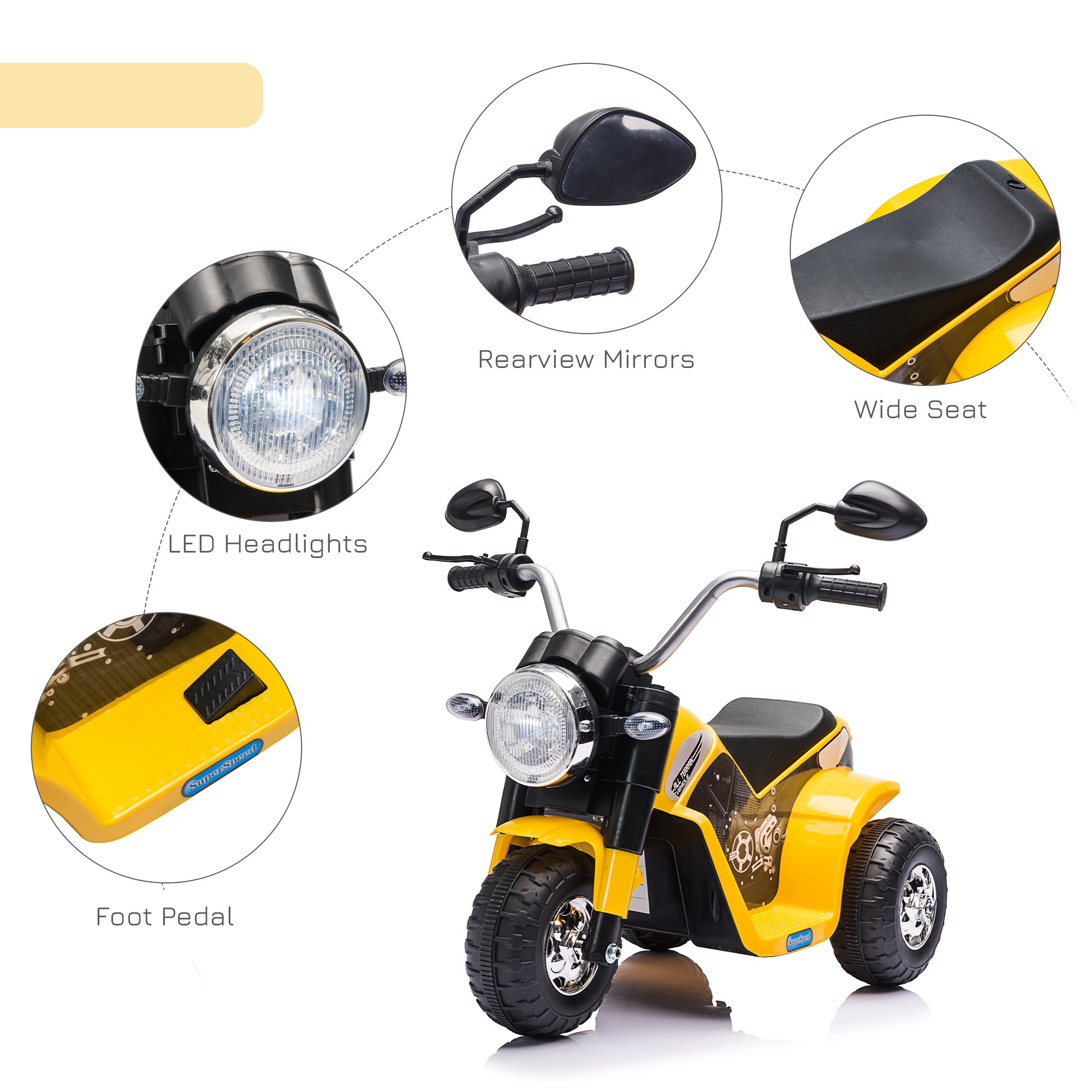 HOMCOM 6V Kids Electric Motorbike 3 Wheels Ride On Toy with Horn Headlights Realistic Sounds for Girl Boy 18 - 36 Months Yellow - North Peak Garden Furniture