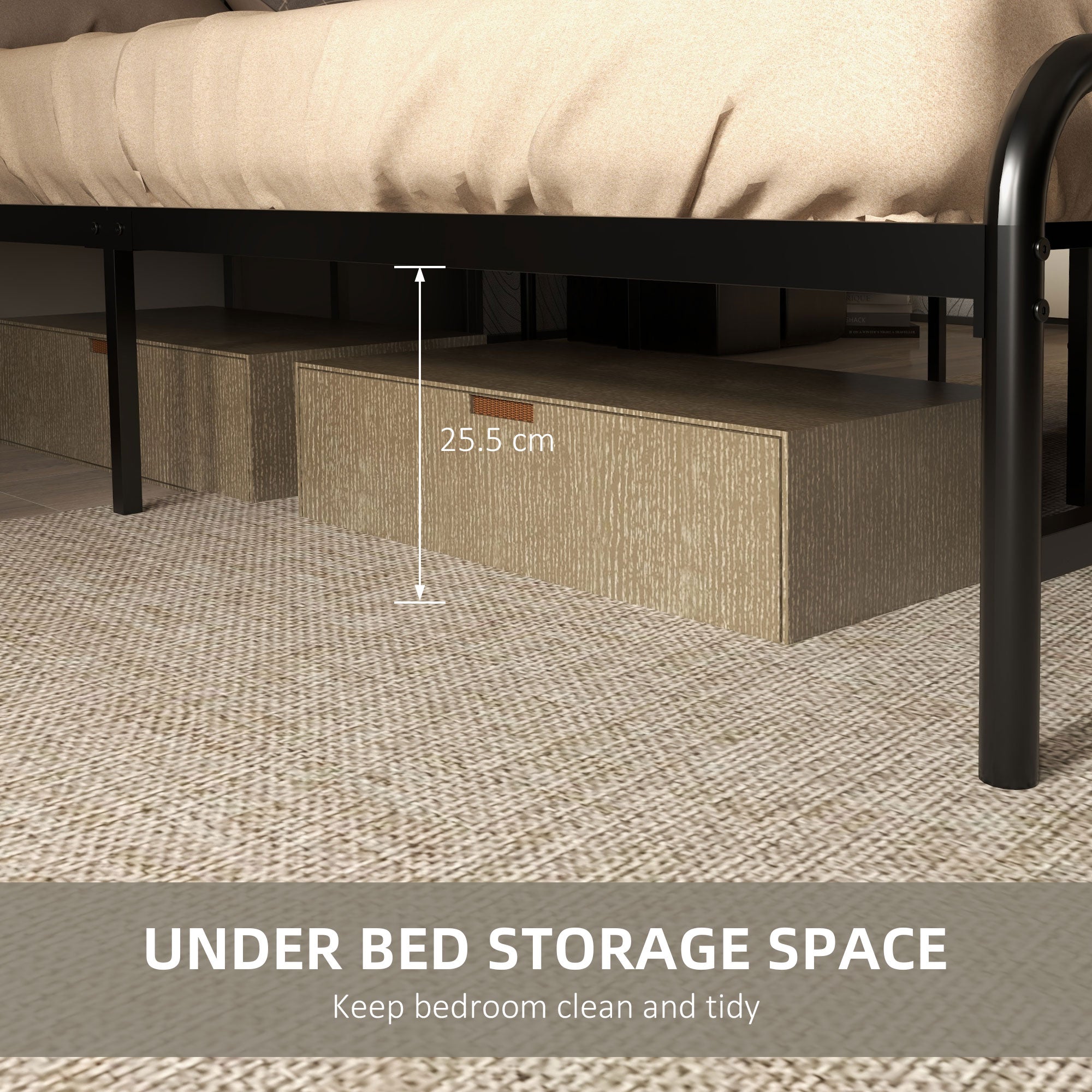 HOMCOM 4.8ft Double Bed Frame with Industrial Wood Headboard, Steel Slat Support and 25.5cm Underbed Storage Space, 145 x 199cm, Rustic Brown - North Peak Garden Furniture