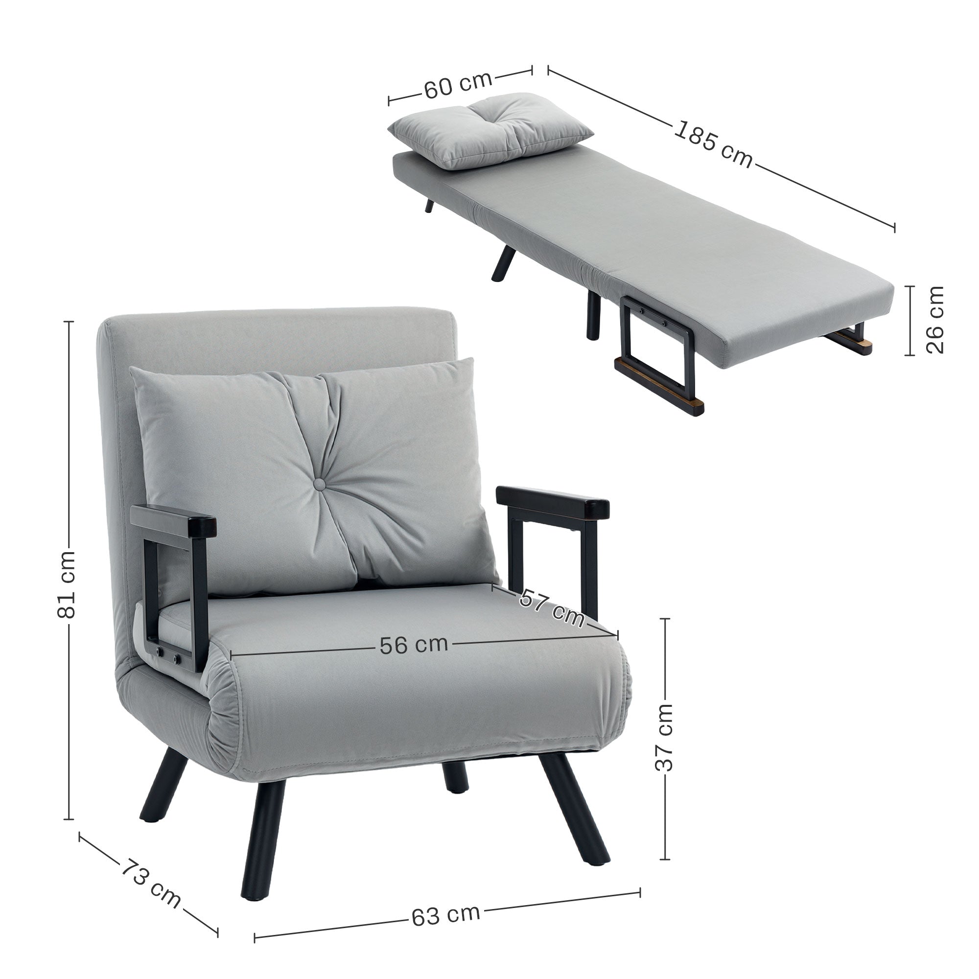 HOMCOM 4-in-1 Velvet-Feel Single Chair Bed, with Pillow - Light Grey - North Peak Garden Furniture