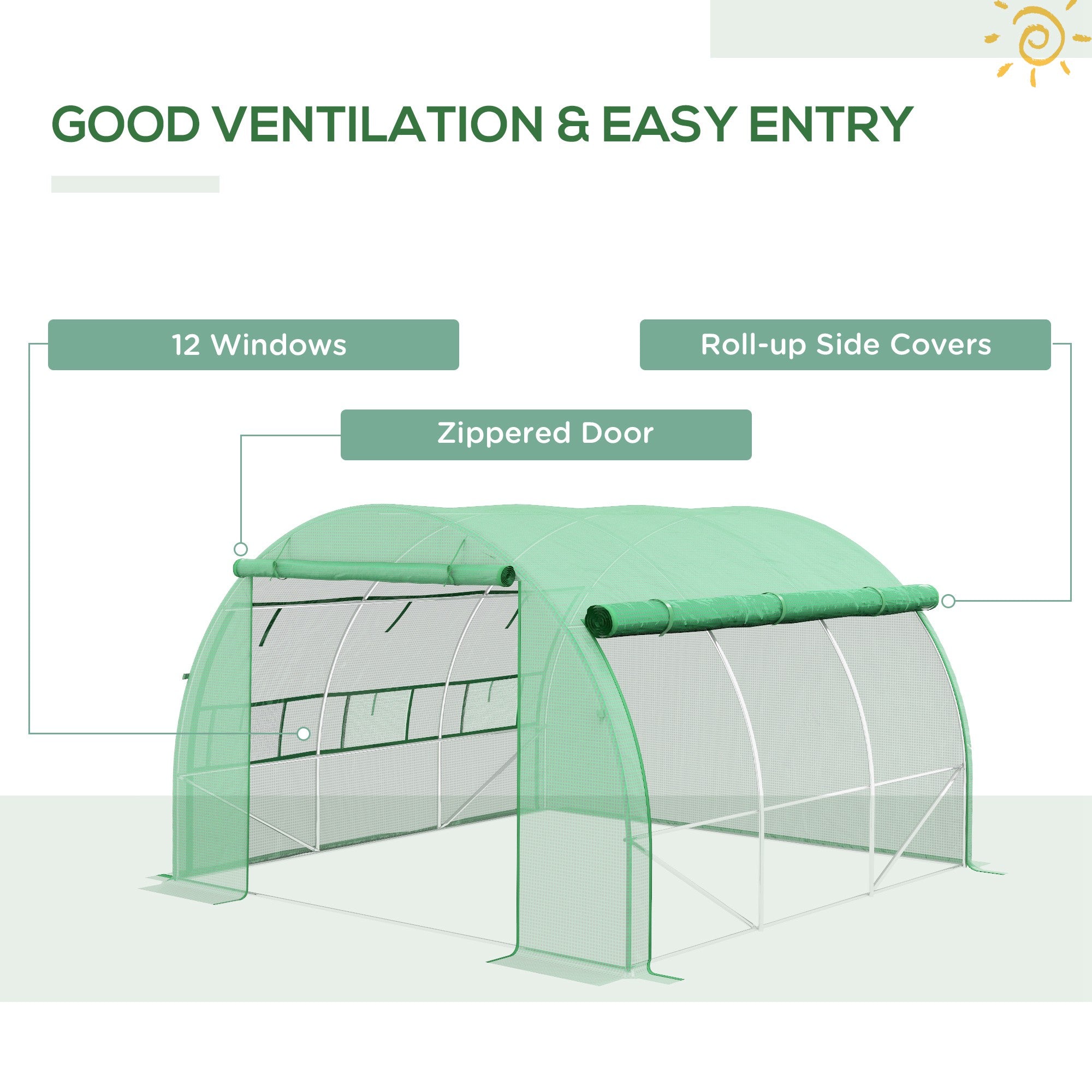 Outsunny Polytunnel Greenhouse Walk-in Grow House Tent with Roll-up Sidewalls, Zipped Door and 6 Windows, 3x3x2m Green - North Peak Garden Furniture