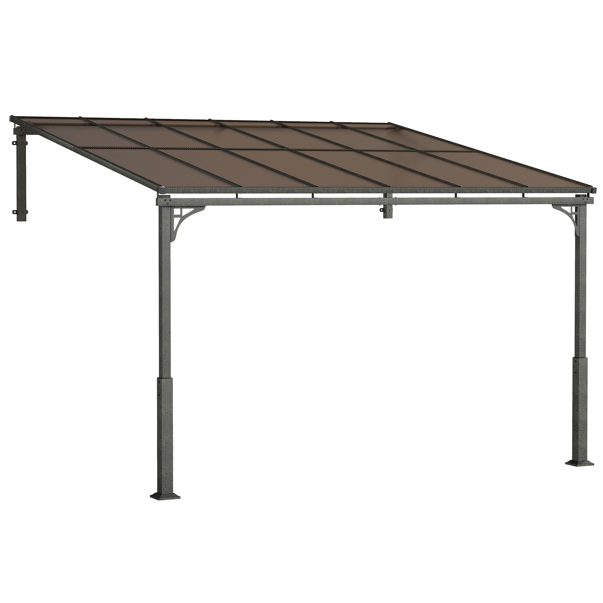 Outsunny 3.4 x 3 m Metal Lean-to Pergola, Wall-Mounted Garden Pergola with Polycarbonate Roof and Metal-Aluminium Frame, Brown