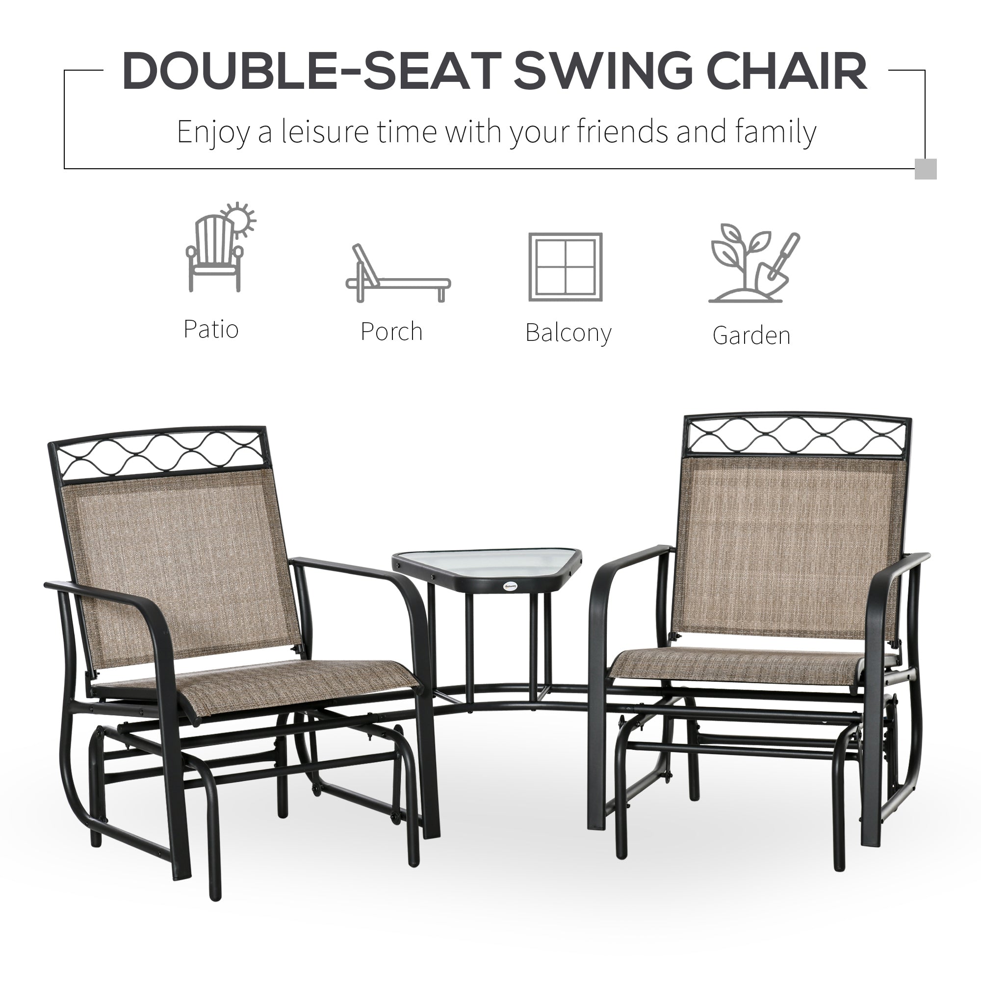 Outsunny Double Outdoor Glider Chair, 2 Seater Patio Rocking Chairs, Swing Bench w/ Tempered Glass Table, Mesh Fabric for Backyard, Garden, Brown