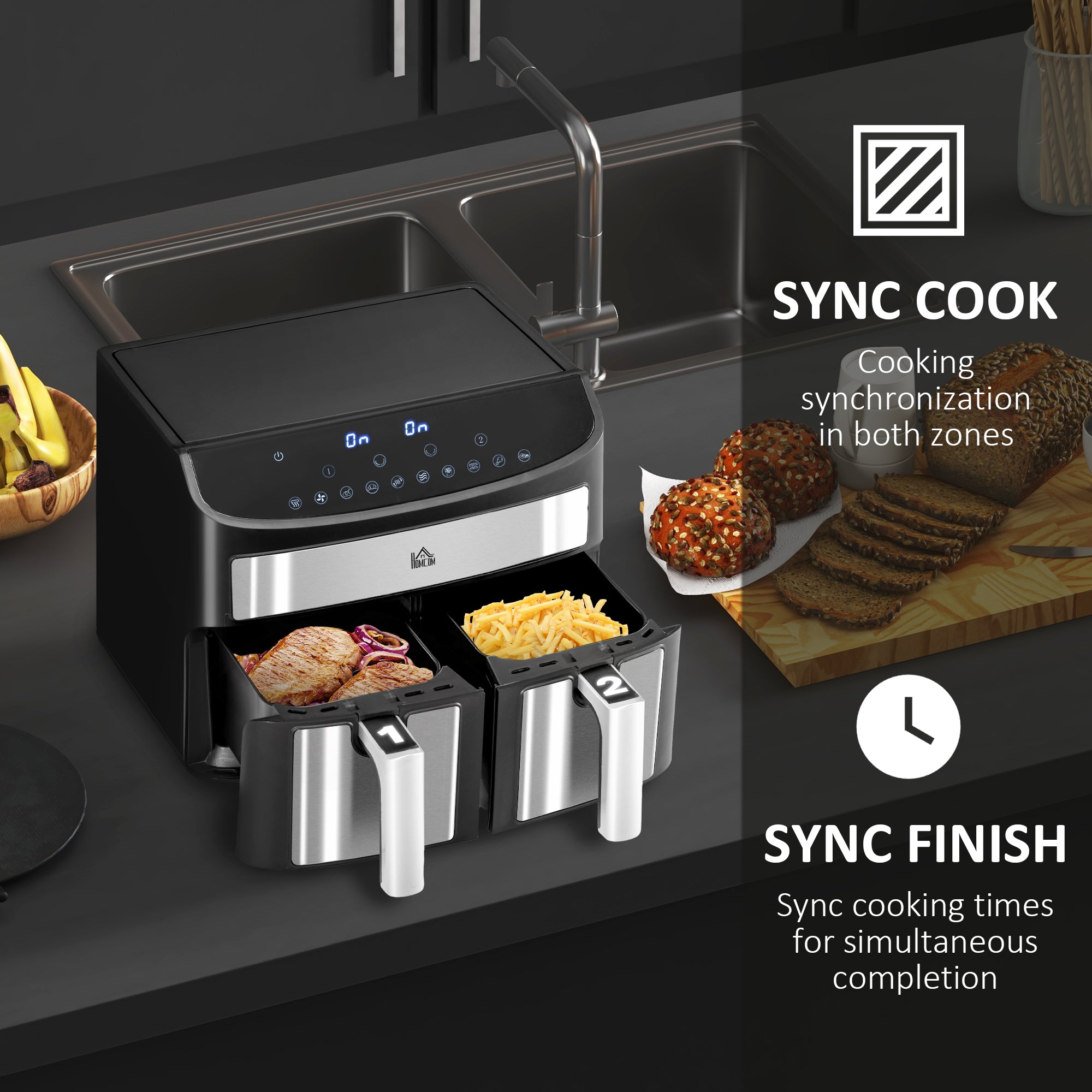 HOMCOM Dual Zone Air Fryer, 10-in-1 8L with Sync Cook & Sync Finish, 60-Minute Timer for Oil Free & Low Fat Cooking, 2400W - North Peak Garden Furniture