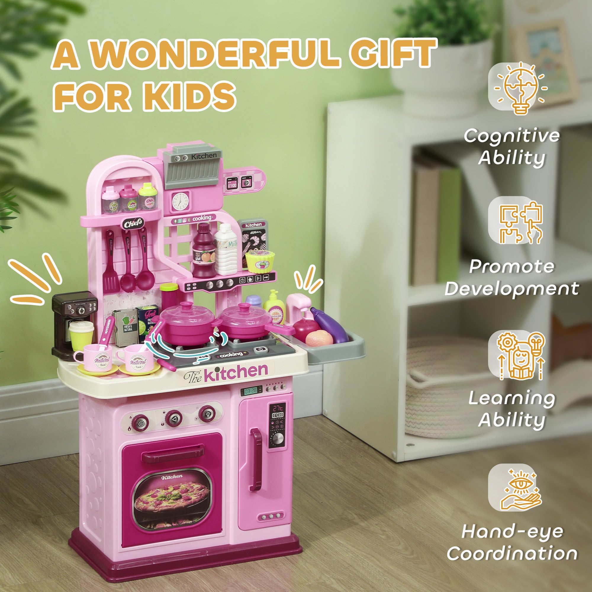 AIYAPLAY Kids Kitchen with 33 Pieces, Lights, Sounds, Storage, for Ages 3-6 Years, Pink - North Peak Garden Furniture