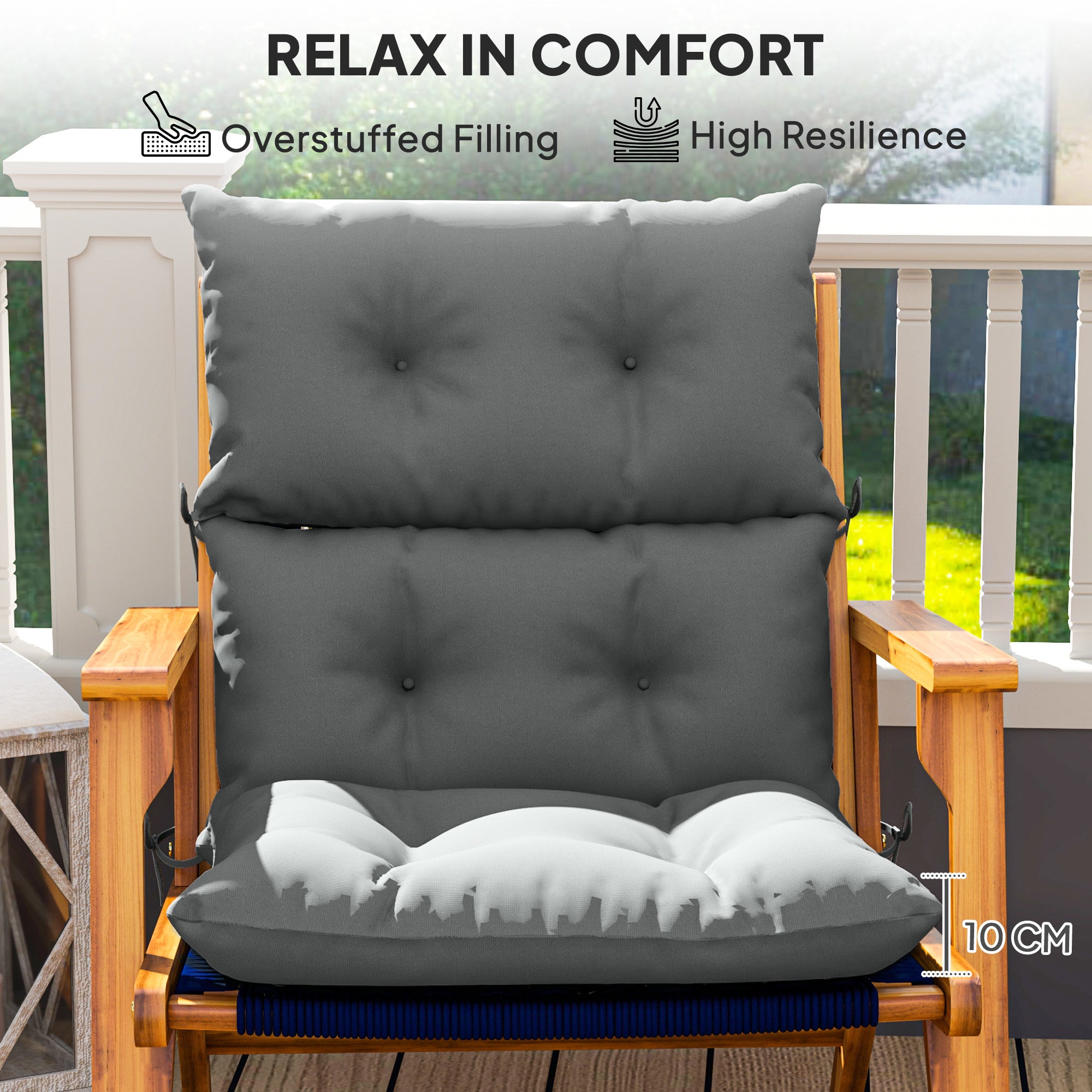 Outsunny Tufted Adirondack Chair Cushion, Thick Garden Seat Cushion Pad with Backrest, Rocking Chair Cushion with Ties for Outdoor and Indoor Use, Light Grey - North Peak Garden Furniture
