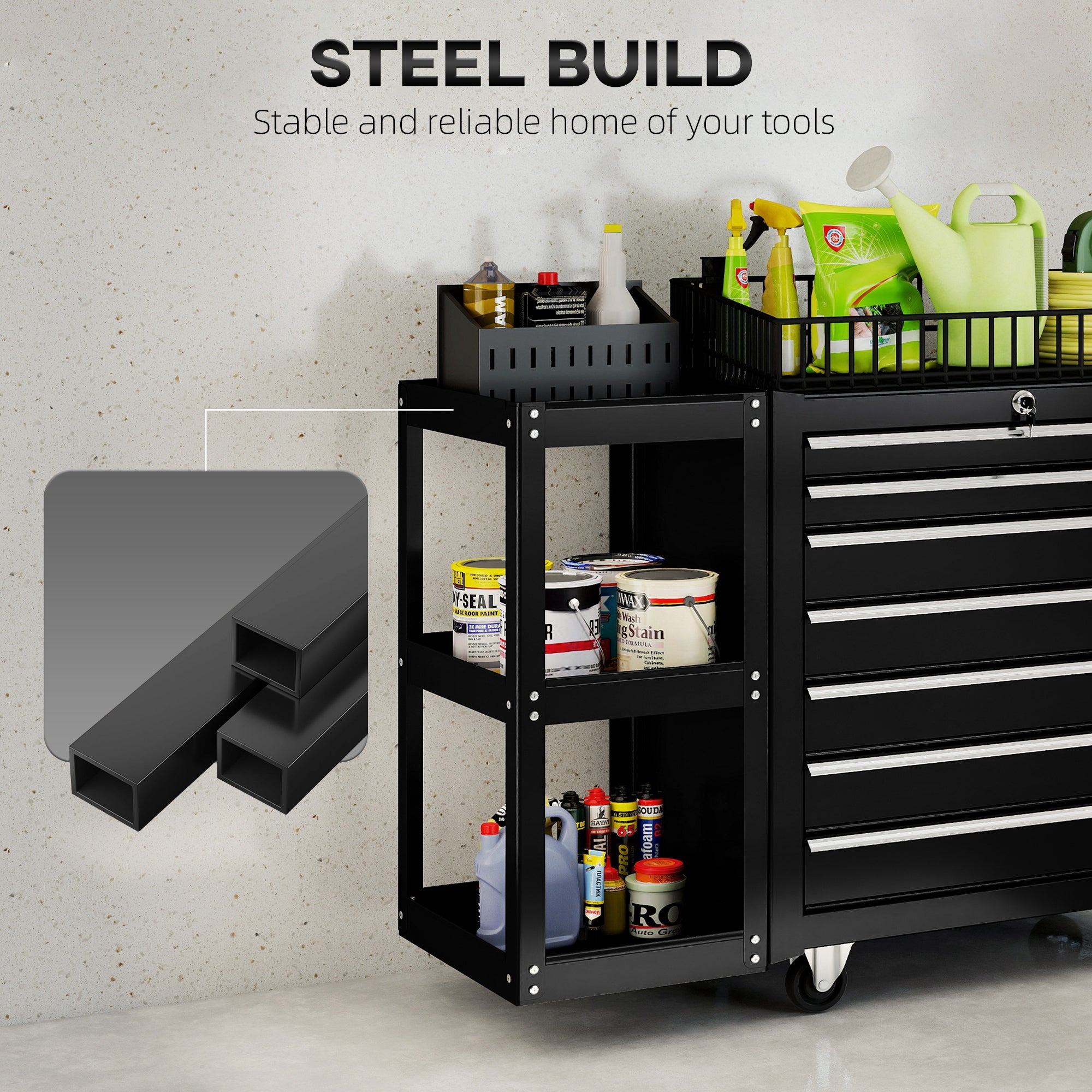 HOMCOM Lockable Steel Tool Chest on Wheels, 7 Drawer Tool Box with Handle for Workshop, Garage, Black