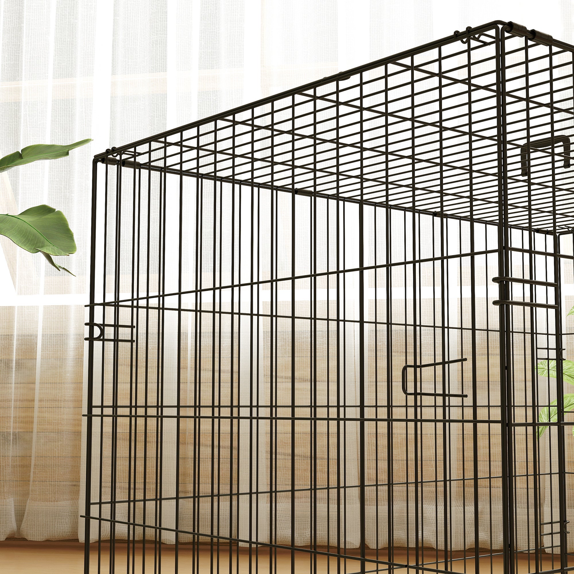 PawHut Dog Crate with 2 Doors with Tray, Soft Cushion, Foldable Metal Dog Cage for Large Medium Dogs, 91 x 62 x 68, Black - North Peak Garden Furniture