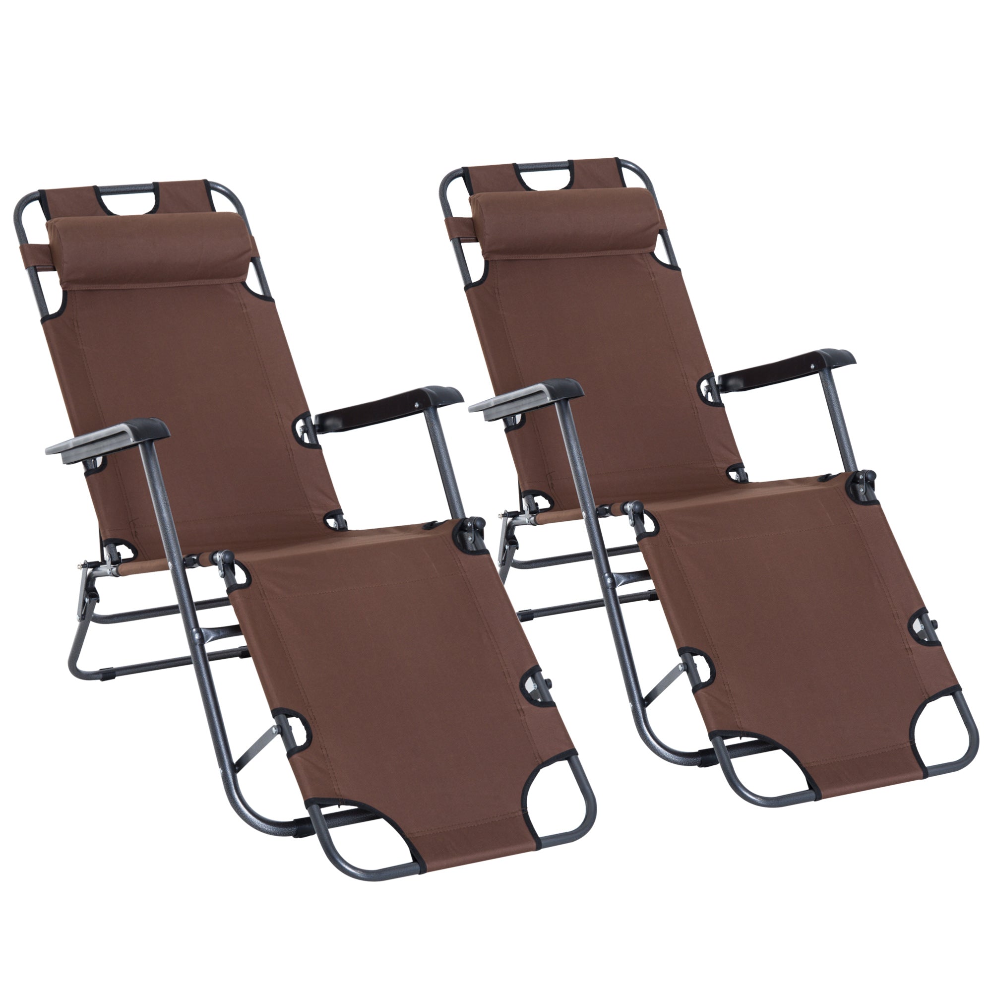Outsunny 2 Pieces 2 in 1 Sun Lounger Folding Reclining Chair Garden Outdoor Camping Adjustable Back with Pillow, Brown - North Peak Garden Furniture