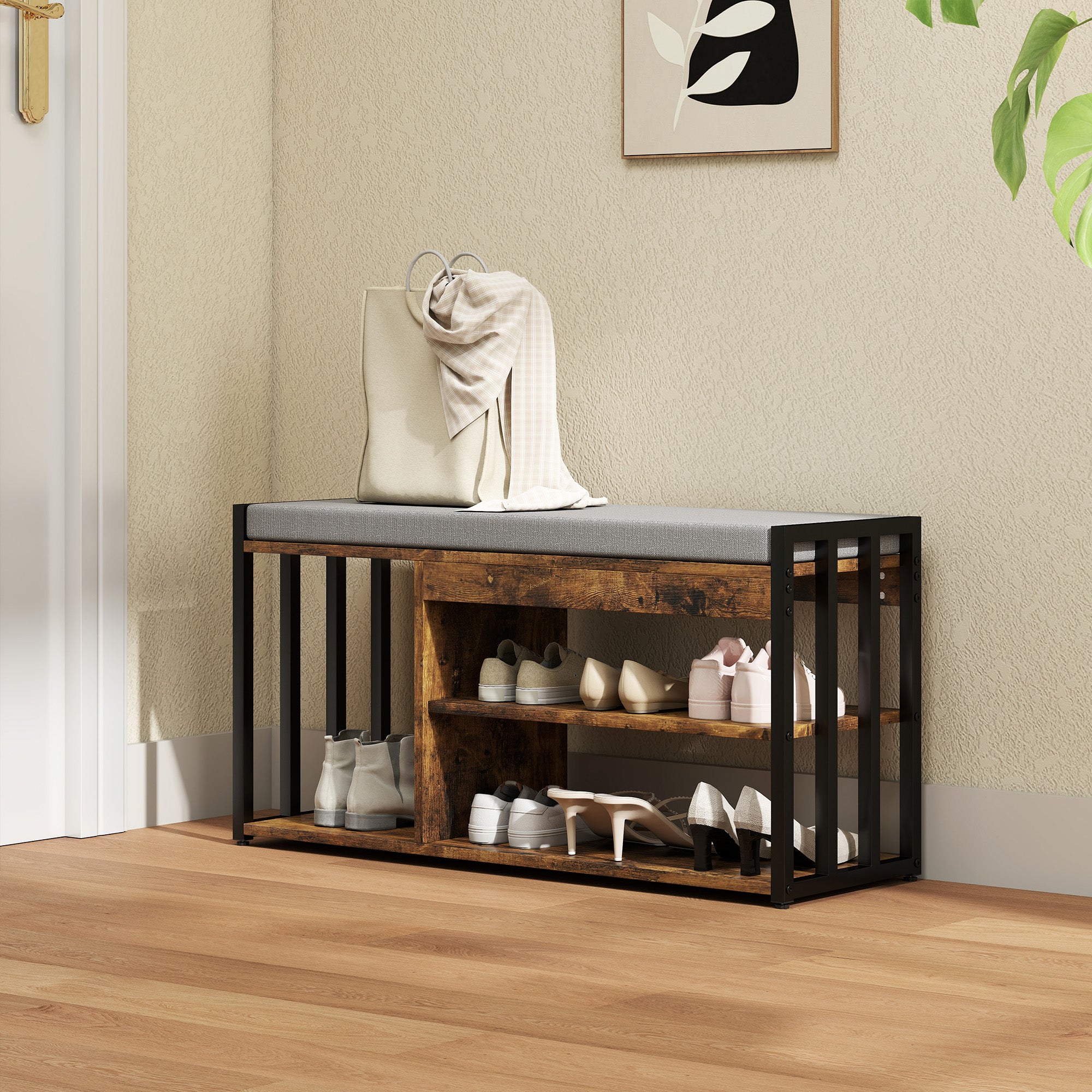 HOMCOM Shoe Storage with Seat, Upholstered Entryway Bench, Shoe Bench with 3 Open Shelves for Hallway, Rustic Brown