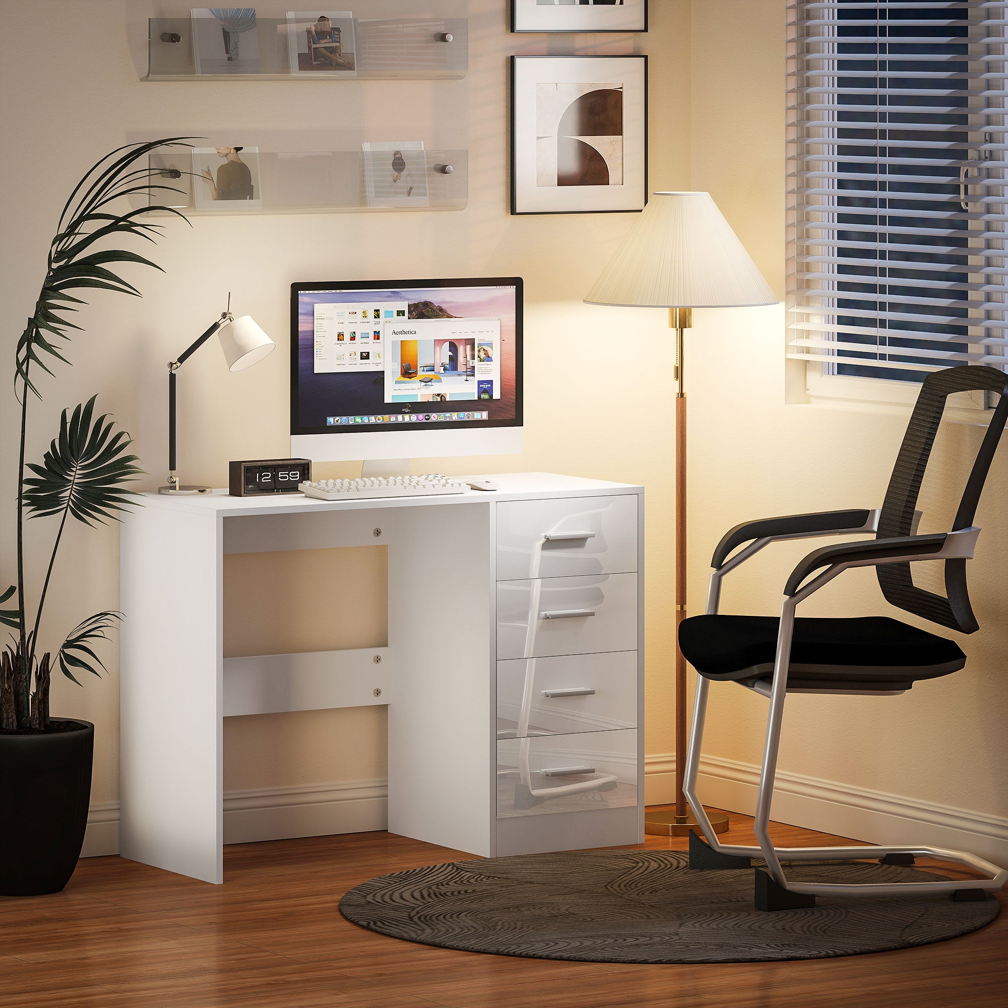 HOMCOM Computer Desk with Drawers, Dressing Table, High Gloss Home Office Writing Workstation, White - North Peak Garden Furniture
