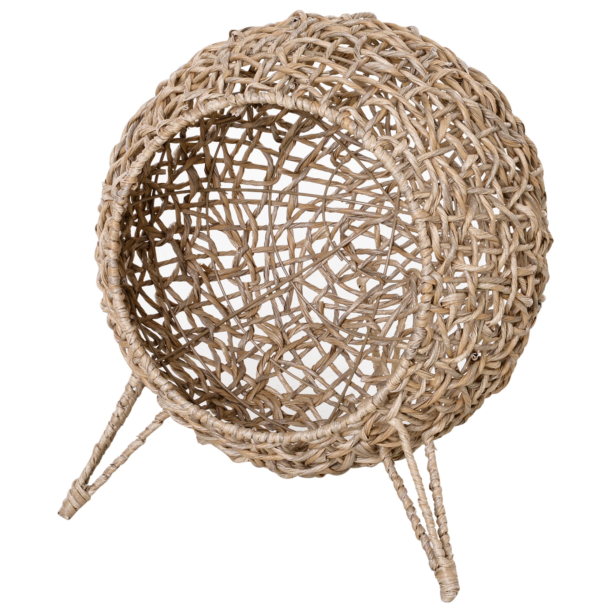 PawHut Wicker Cat Bed, Ball-Shaped Rattan Elevated Cat Basket with Three Tripod Legs, Cushion - Natural Wood Finish - North Peak Garden Furniture