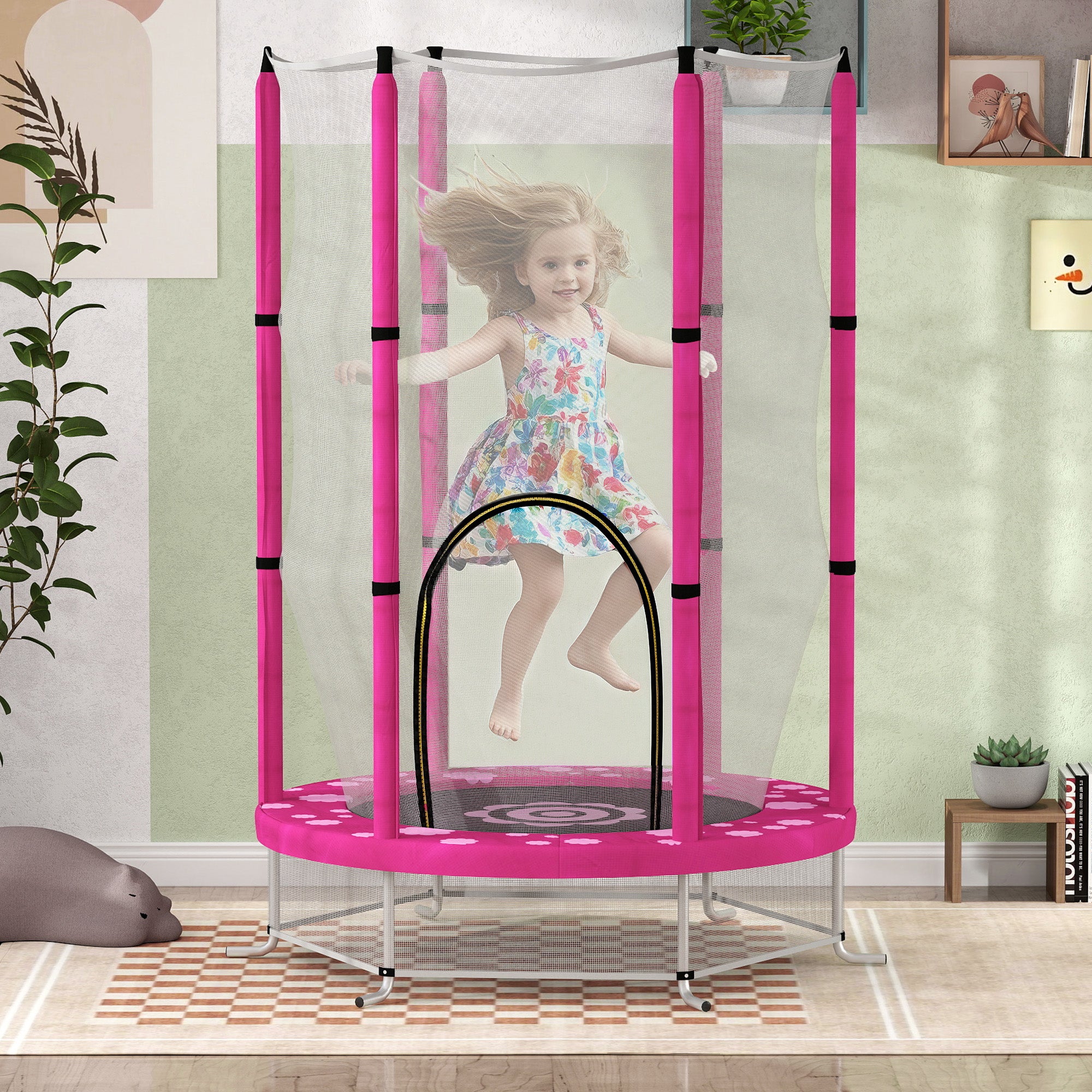 AIYAPLAY 4.6FT Toddler Trampoline w/ Safety Enclosure Net, for Indoor Outdoor Use, Ages 3-6 Years, Sun Pattern - Pink - North Peak Garden Furniture