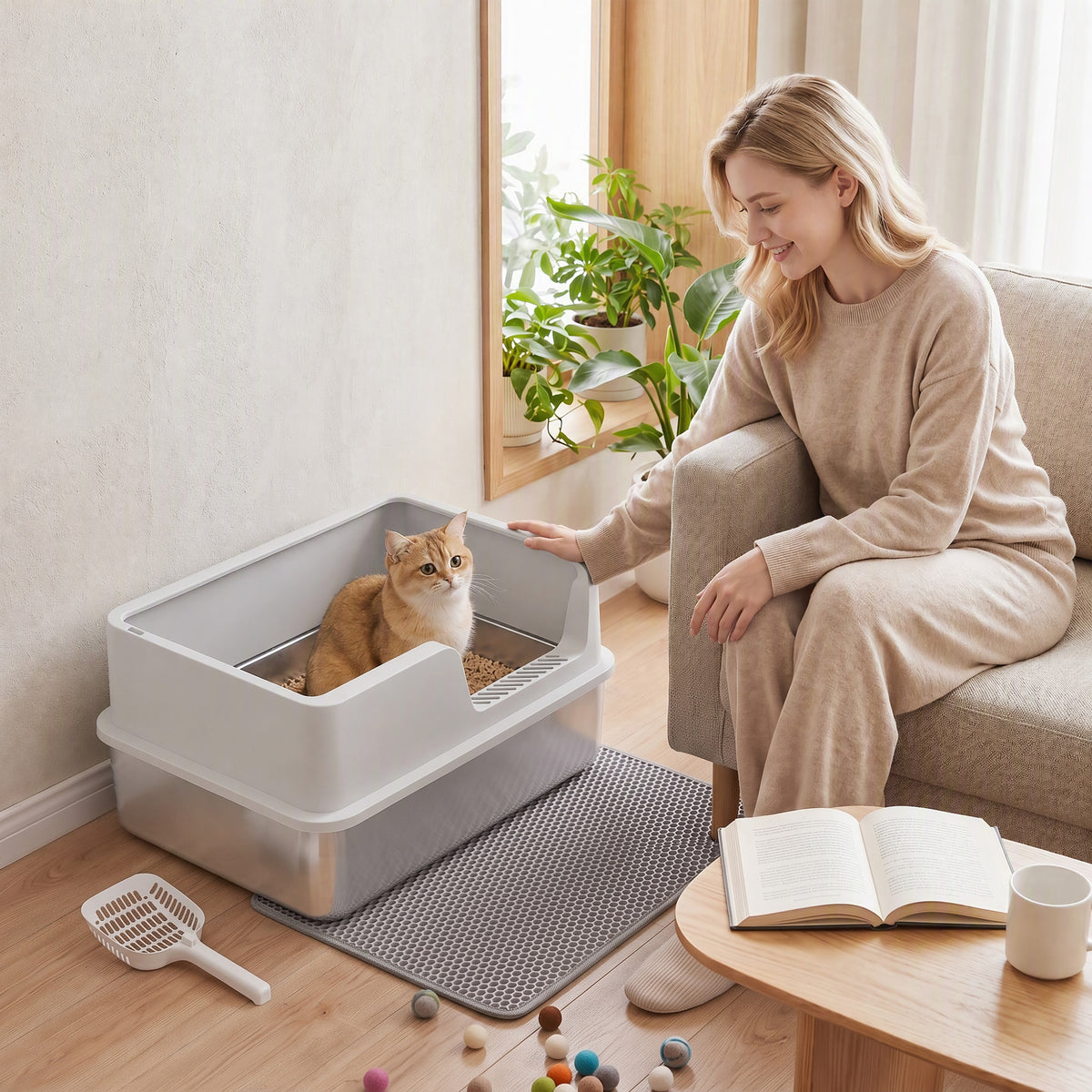 PawHut XL Stainless Steel Cat Litter Tray with Lid, High Sided Cat Litter Box with Scoop and Mat, Light Grey