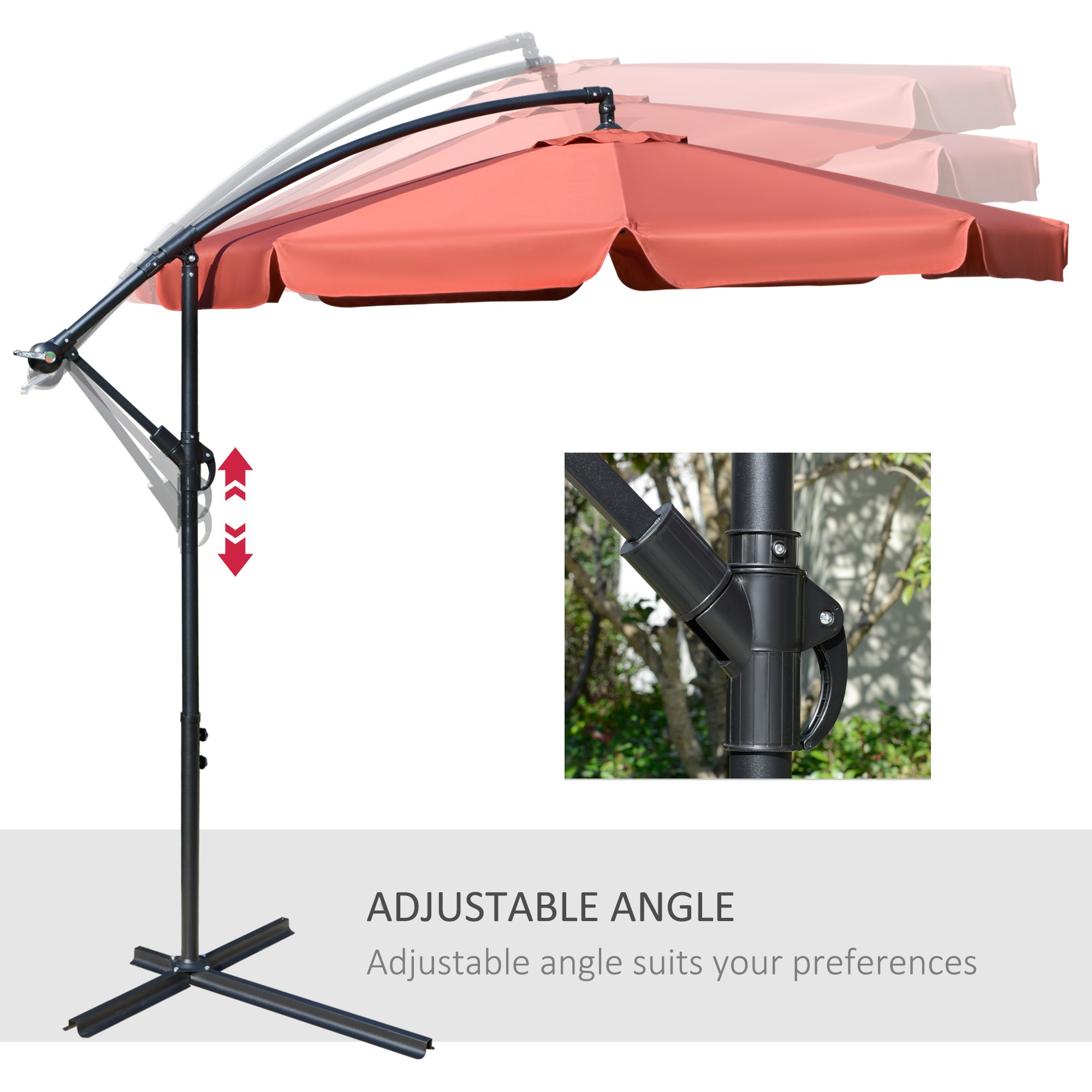 Outsunny 2.7m Garden Banana Parasol Cantilever Umbrella with Crank Handle and Cross Base for Outdoor, Hanging Sun Shade, Wine Red - North Peak Garden Furniture