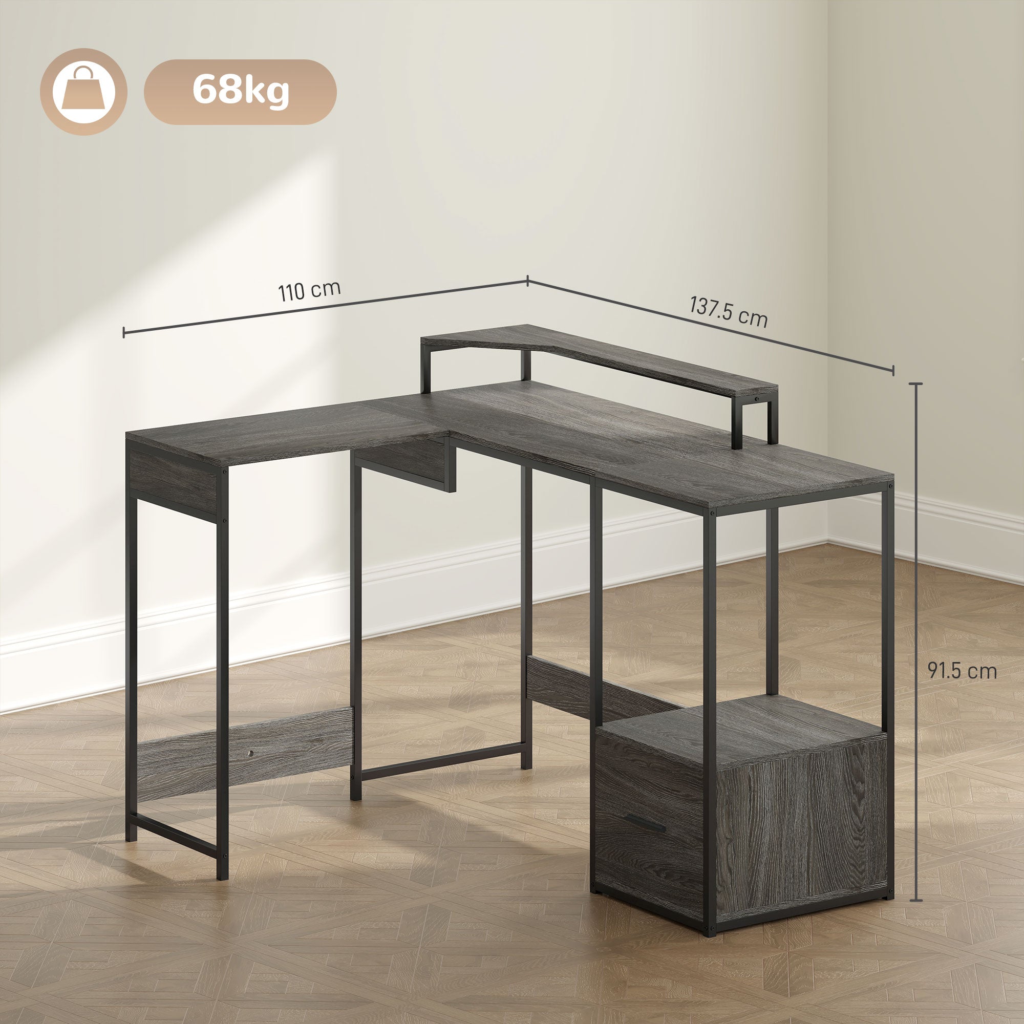 HOMCOM L Shaped Desk, Computer Desk with Liftable Desktop, Industrial Corner Desk with Drawer for A4/Letter Size, Home Office Desk with Monitor Stand for Home Office, Charcoal Grey - North Peak Garden Furniture