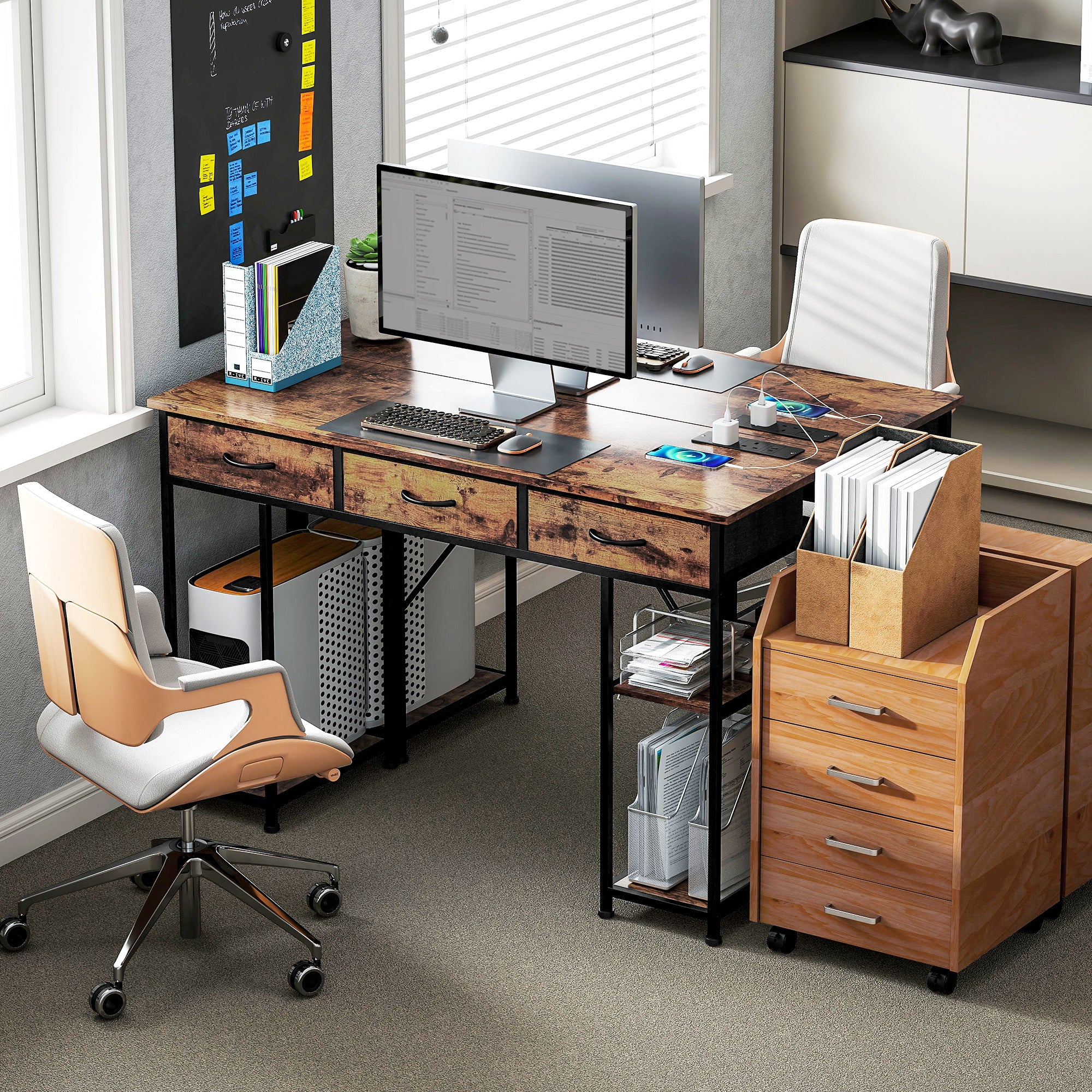 HOMCOM 120cm Computer Desk with Power Outlets, Office Desk Study Table with Fabric Drawers and Storage Shelves, Rustic Brown - North Peak Garden Furniture