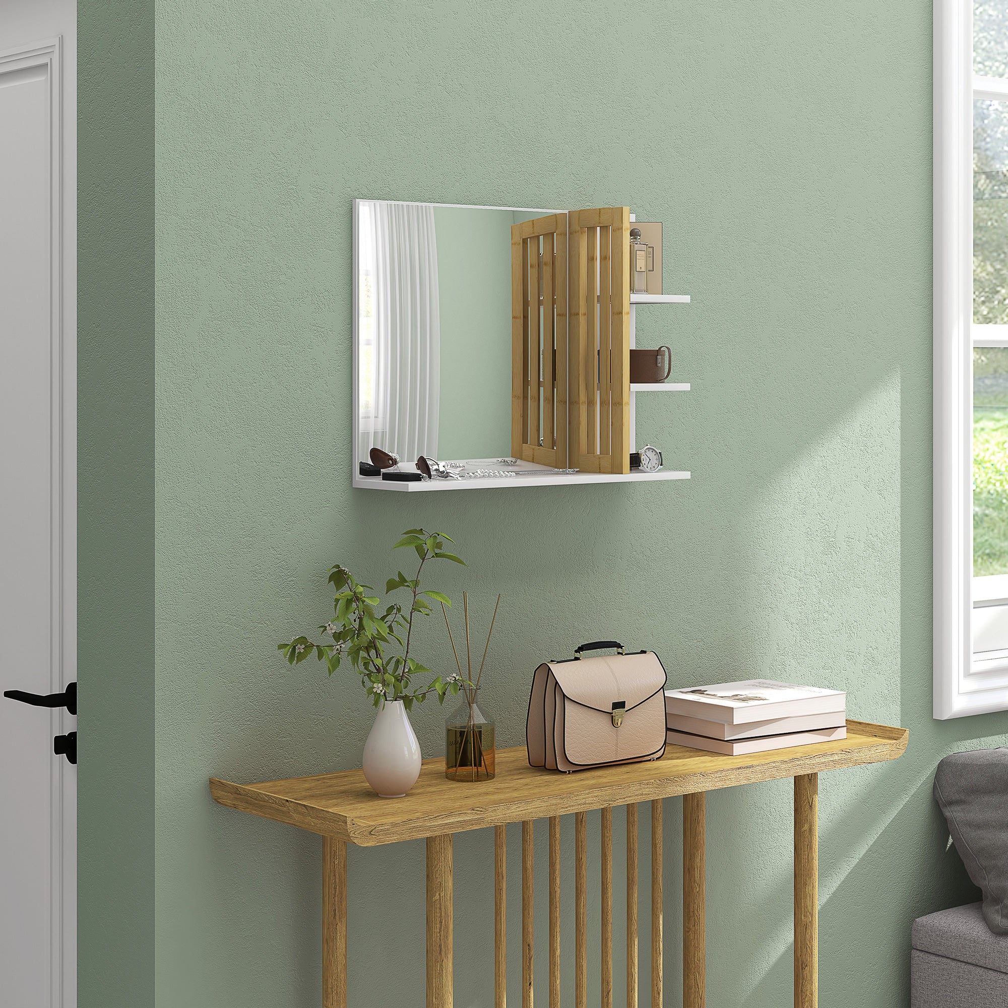 HOMCOM Bamboo Panel Bathroom Mirror, with Shelves - White - North Peak Garden Furniture