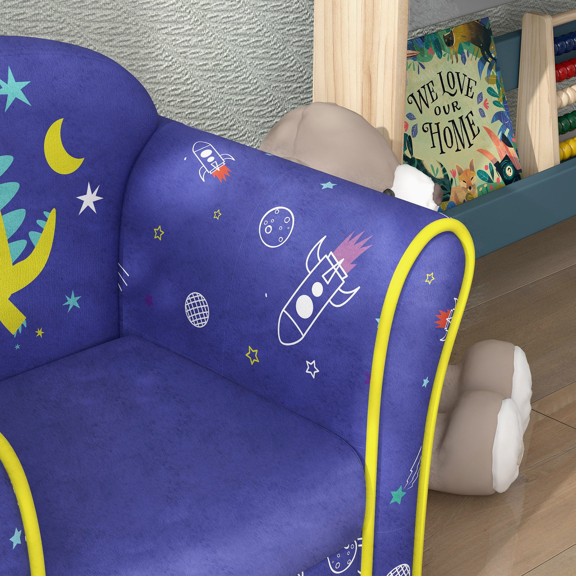 AIYAPLAY Kids Armchair with Planet Dinosaurs Design, Wooden Frame, for Bedroom, Playroom, Kids Room, Blue - North Peak Garden Furniture