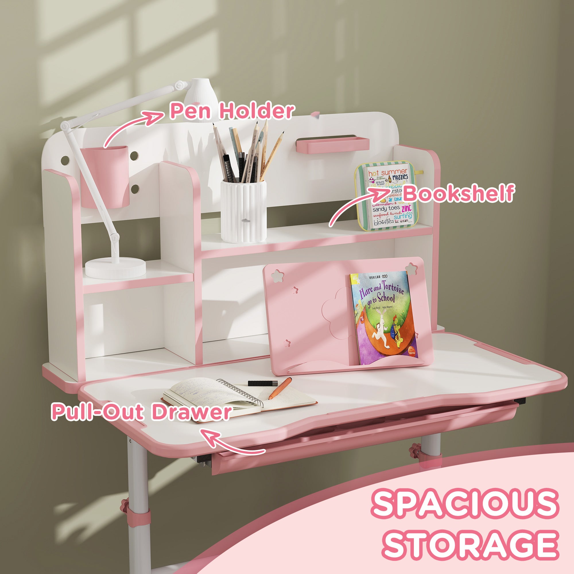 AIYAPLAY Height Adjustable Kids Desk and Chair Set, Children School Study Desk with Tiltable Desktop, Reading Rack, Pink - North Peak Garden Furniture