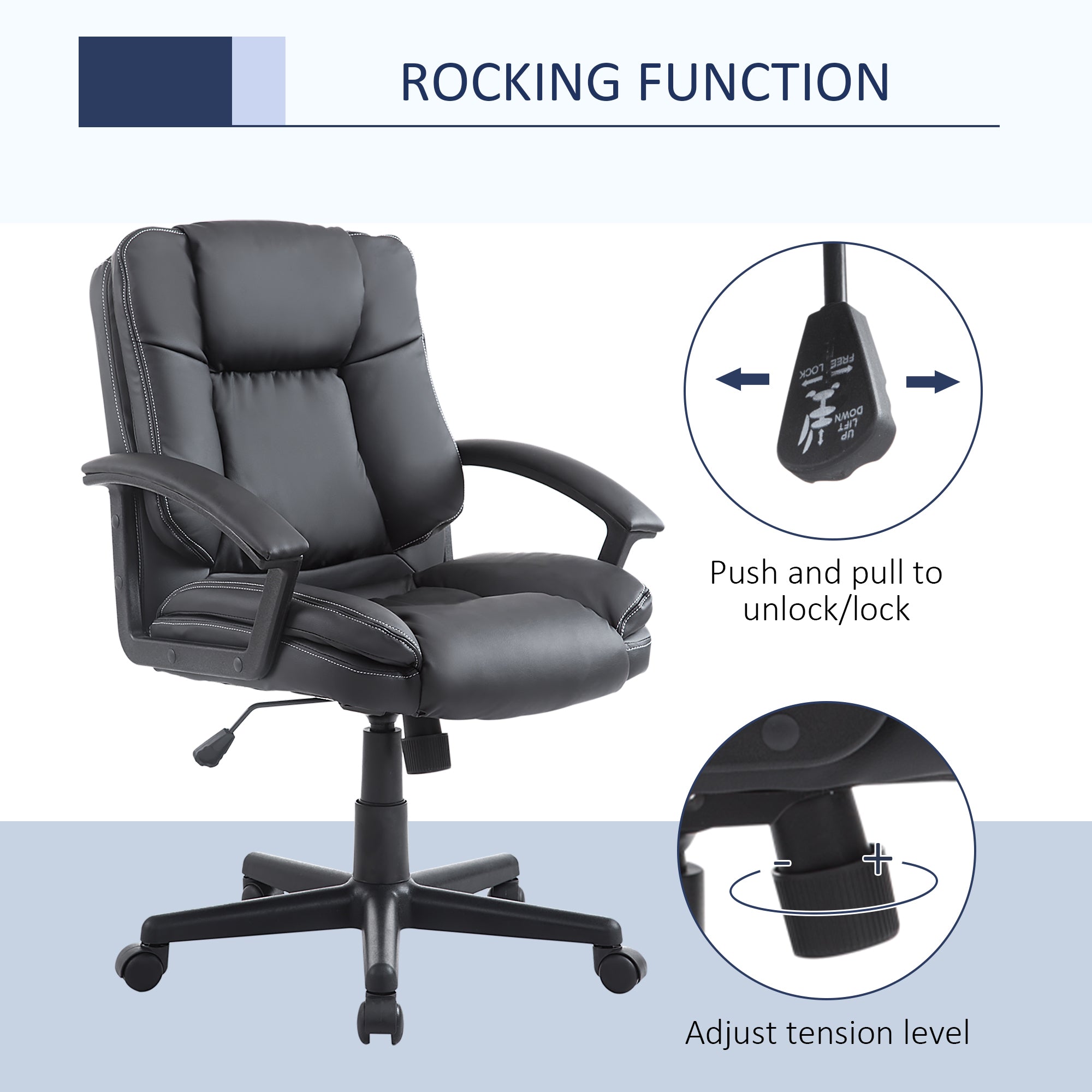 HOMCOM Office Chair, Faux Leather Computer Desk Chair, Mid Back Executive Chair with Adjustable Height and Swivel Rolling Wheels for Home Study, Black - North Peak Garden Furniture