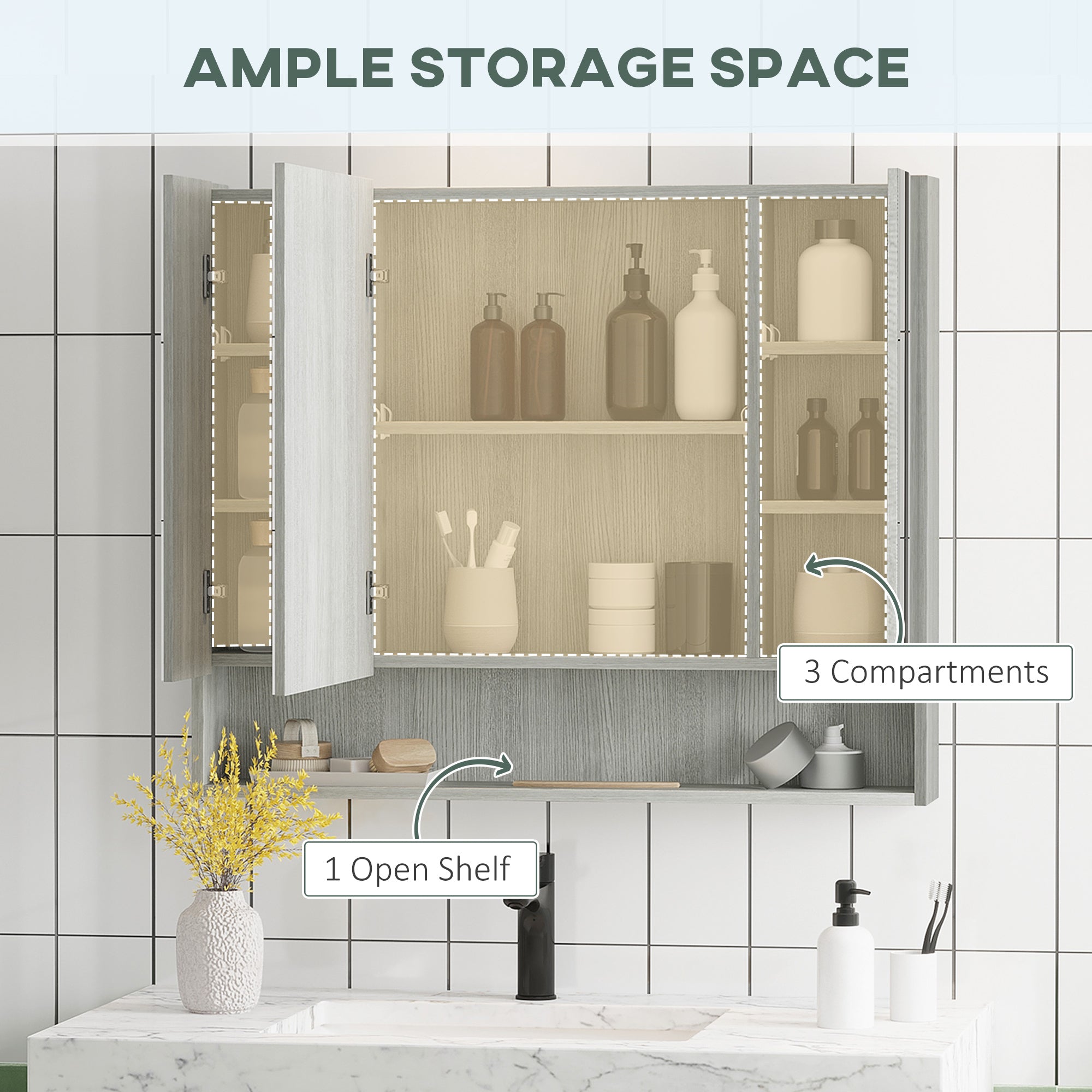 kleankin Bathroom Mirror Cabinet, Wall Mounted Storage Cabinet with Adjustable Shelves, 3 Doors and Cupboards, Grey - North Peak Garden Furniture