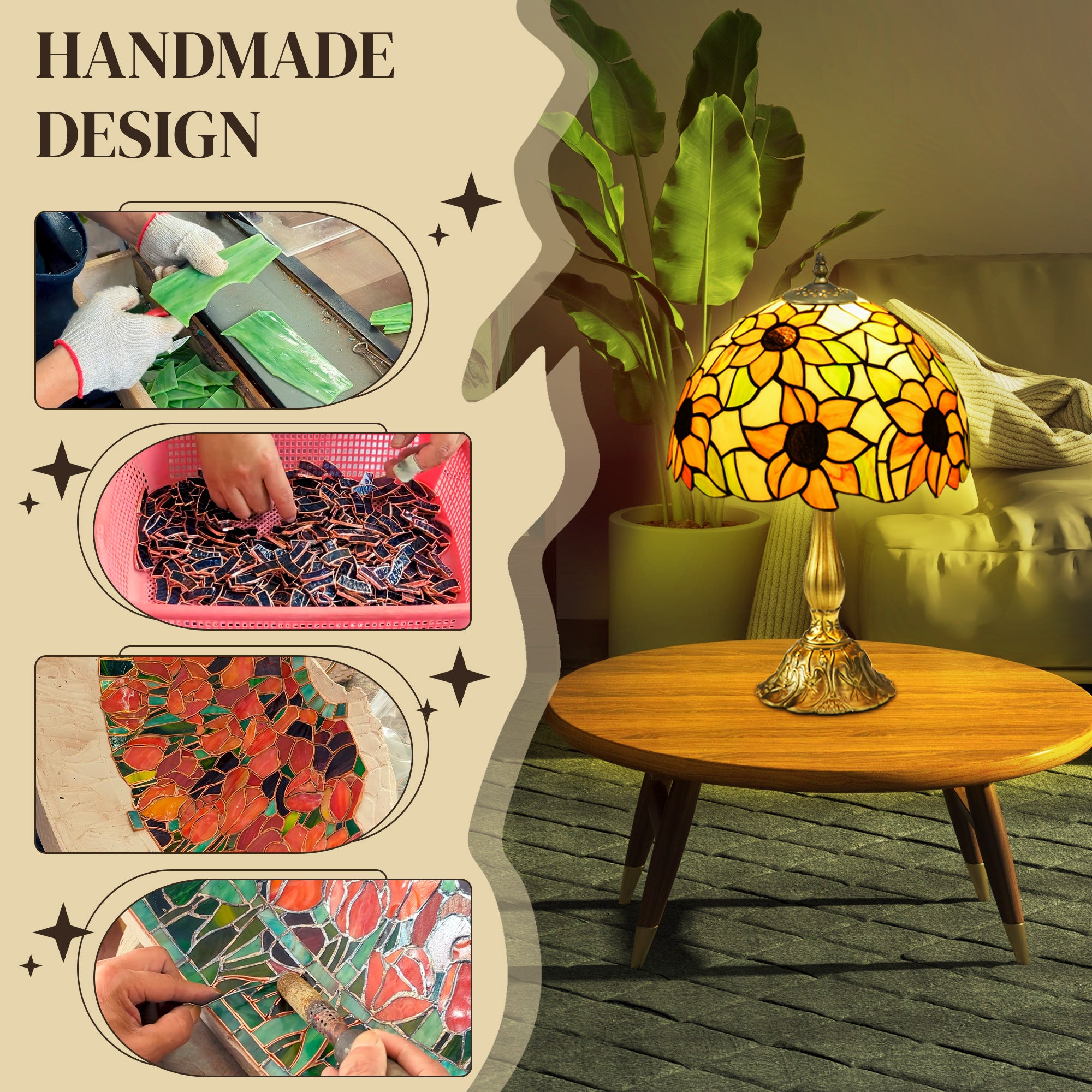 HOMCOM Stained Glass Table Lamp, Handmade Antique Bedside Lamp for Bedroom, Living room, Home, Nightstand, Decorative Night Light, Orange Sunflower - North Peak Garden Furniture
